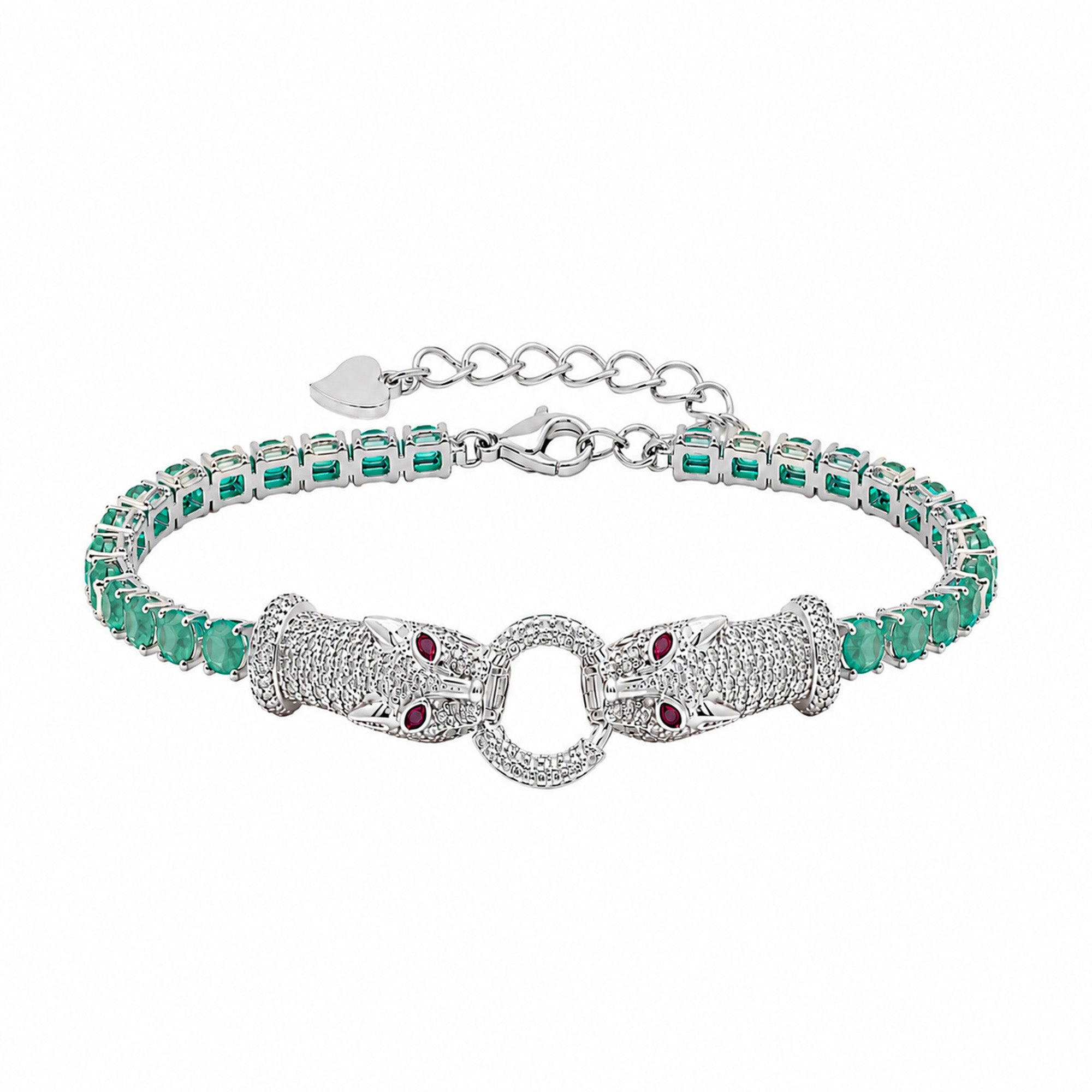 Pulsera Piedras Preciosas Maxi Jaguares Encontrados con Esmeraldas y Circonias con Extensión, 17cm más extensión a 20cm, Plata 925 con Baño de Rodio