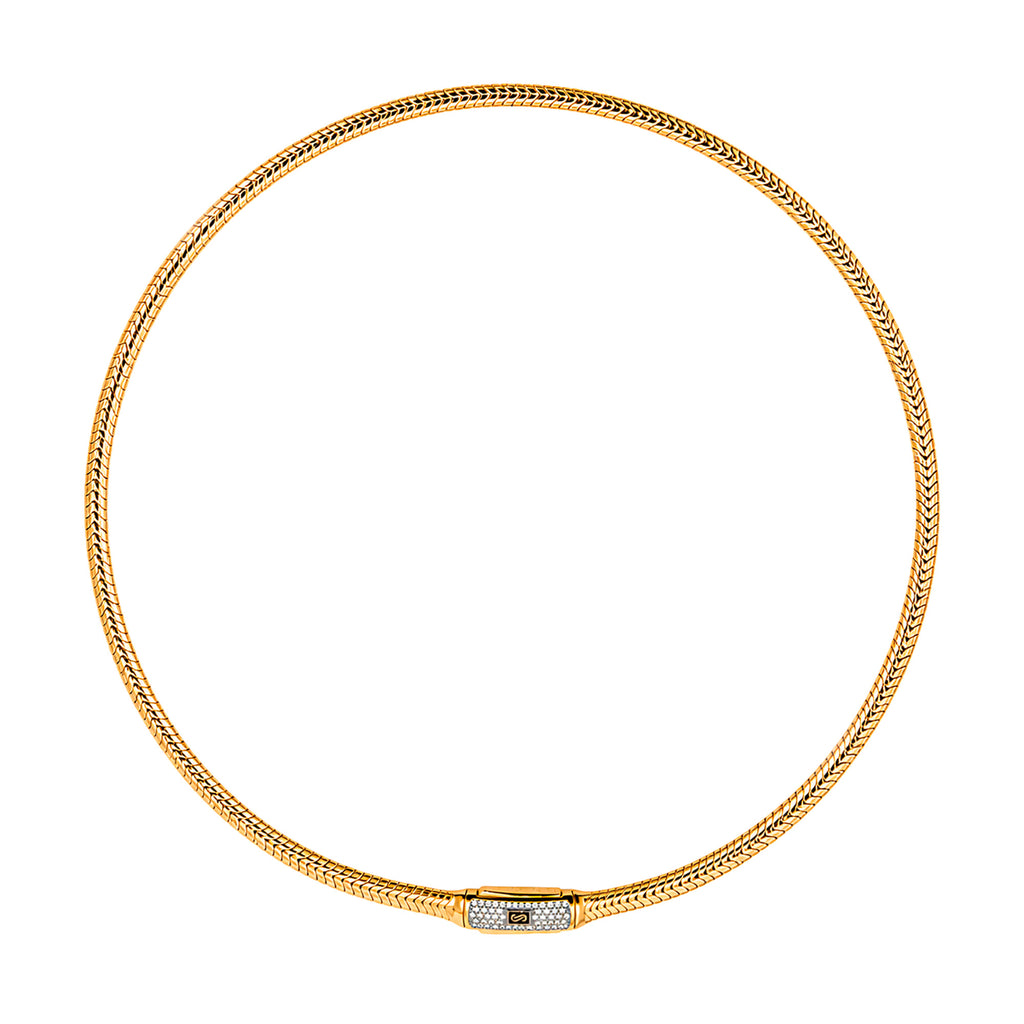 Collar Mónaco Chain Original Panza de Víbora Espiga 40 cm 5mm de grosor. Broche con Circonias, Oro 14k