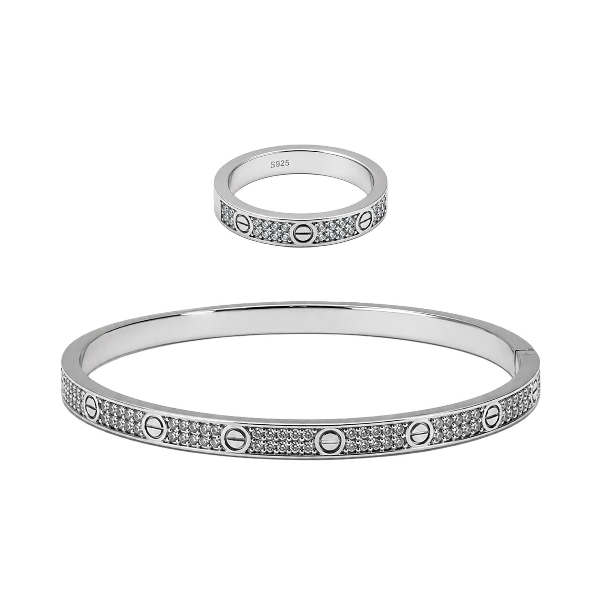 Juego Cartier1:1 Brazalete y Anillo Amor con Circonias, Plata .925 con Rodio