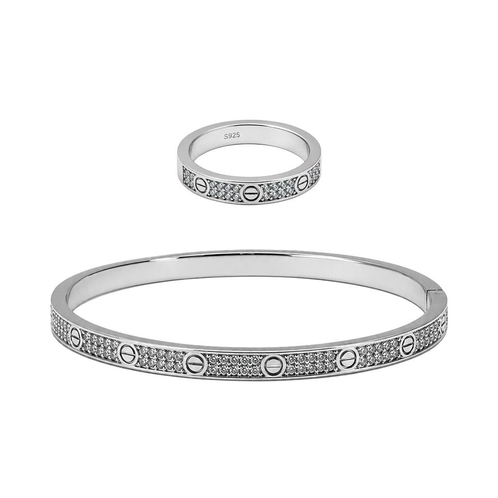 Juego Cartier1:1 Brazalete y Anillo Amor con Circonias, Plata .925 con Baño de Rodio