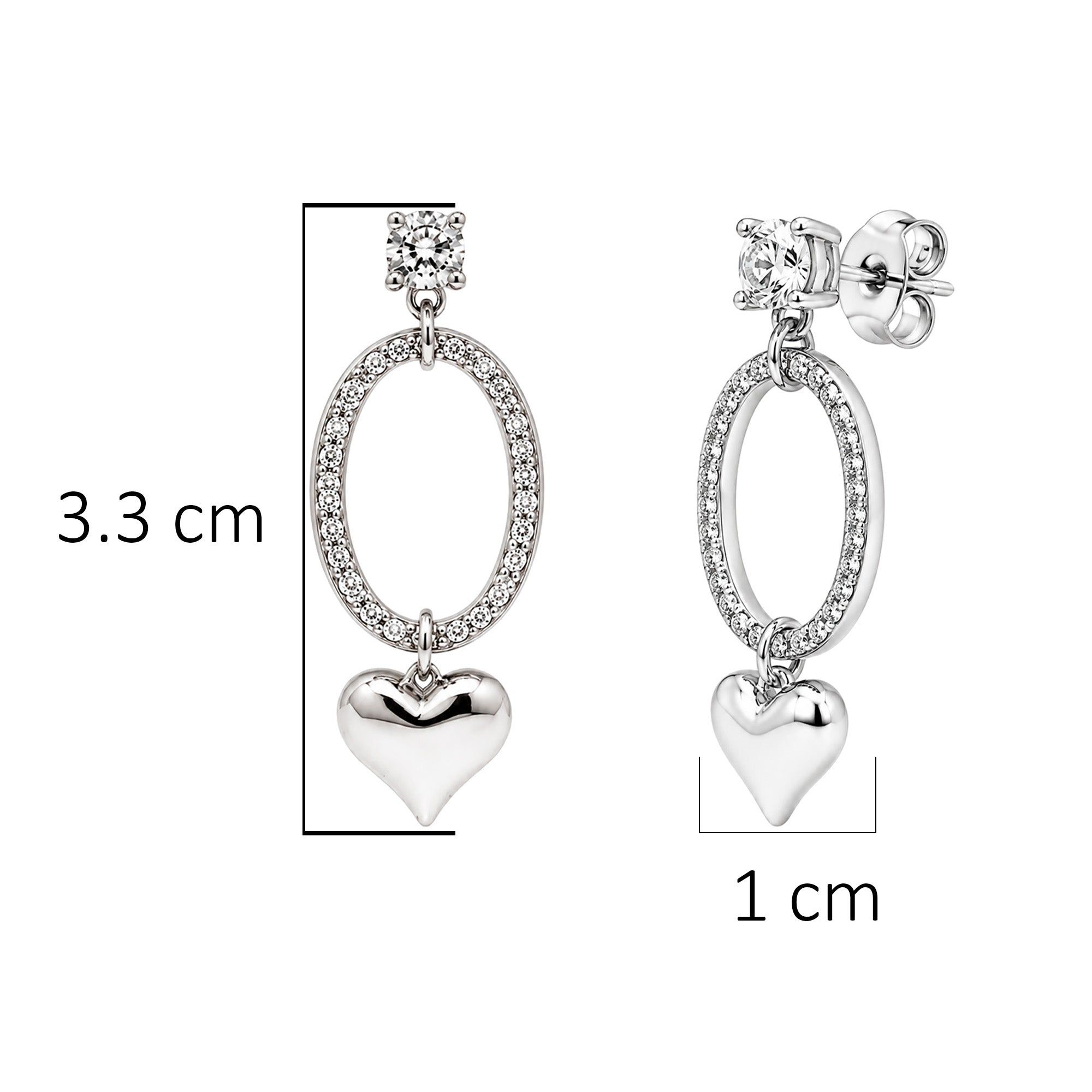 Aretes Corazones Lisos con Circonias Latido de Plata, Plata .925 con Baño de Rodio
