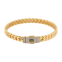 Brazalete Mónaco Chain Original Cadena Cubana 5.5mm, Broche con Circonias. Oro 14K