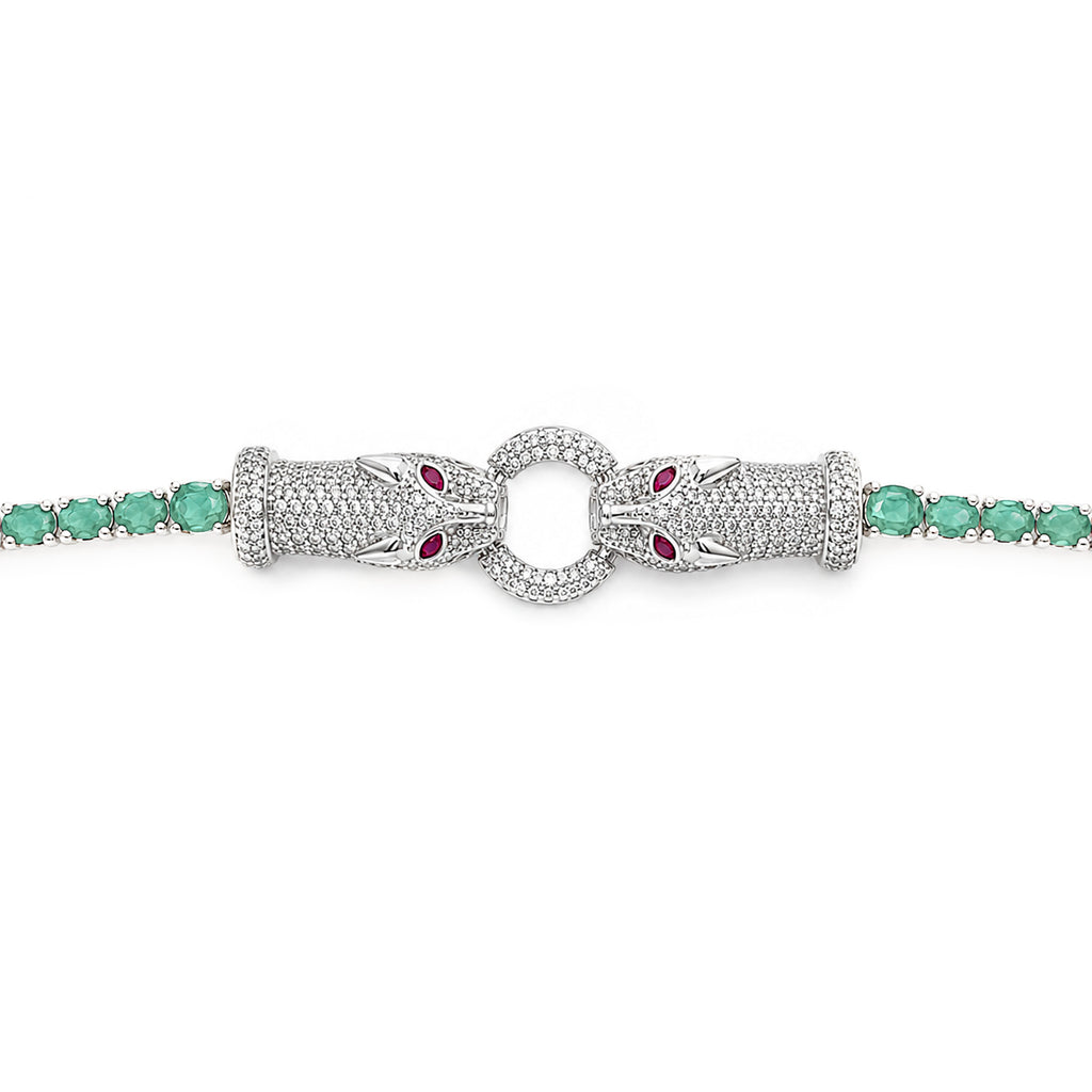 Pulsera Piedras Preciosas Maxi Jaguares Encontrados con Esmeraldas y Circonias con Extensión, 17cm más extensión a 20cm, Plata 925 con Baño de Rodio