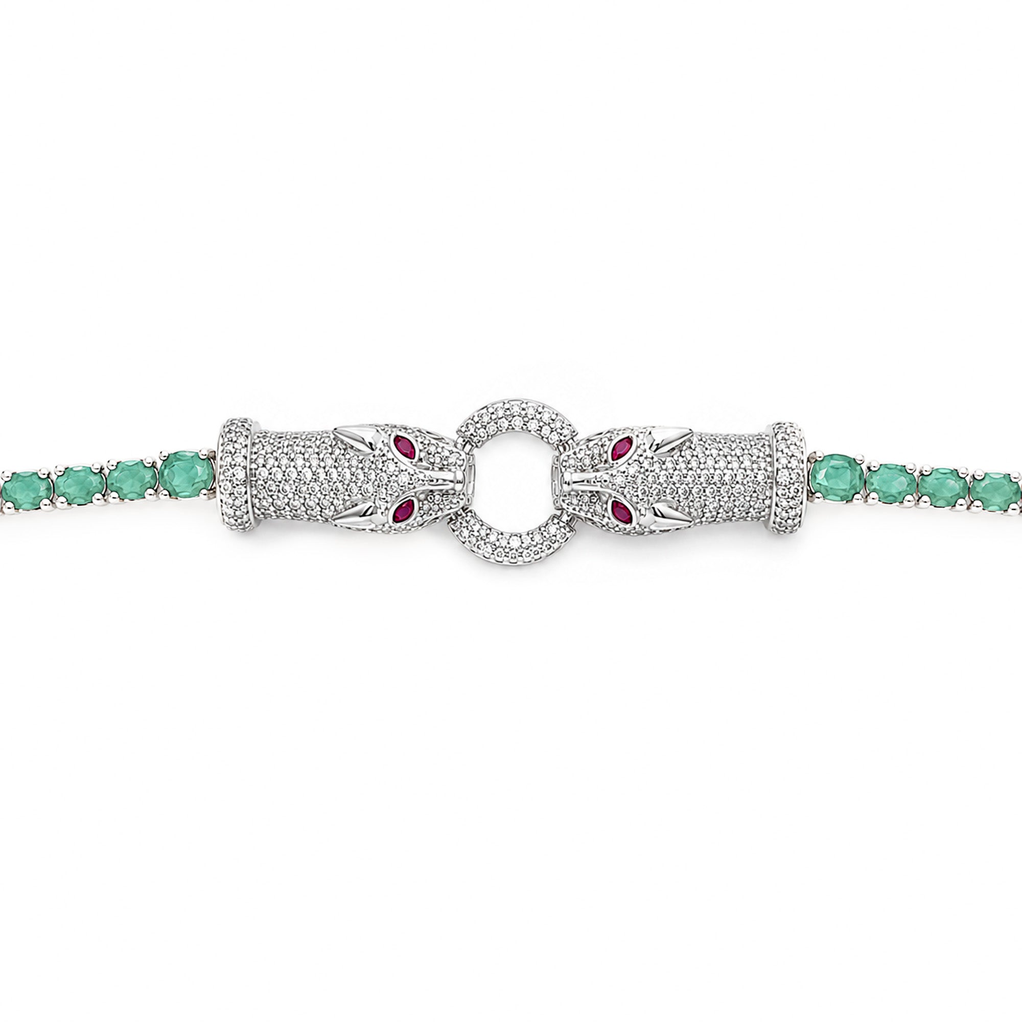 Pulsera Piedras Preciosas Maxi Jaguares Encontrados con Esmeraldas y Circonias con Extensión, 17cm más extensión a 20cm, Plata 925 con Baño de Rodio