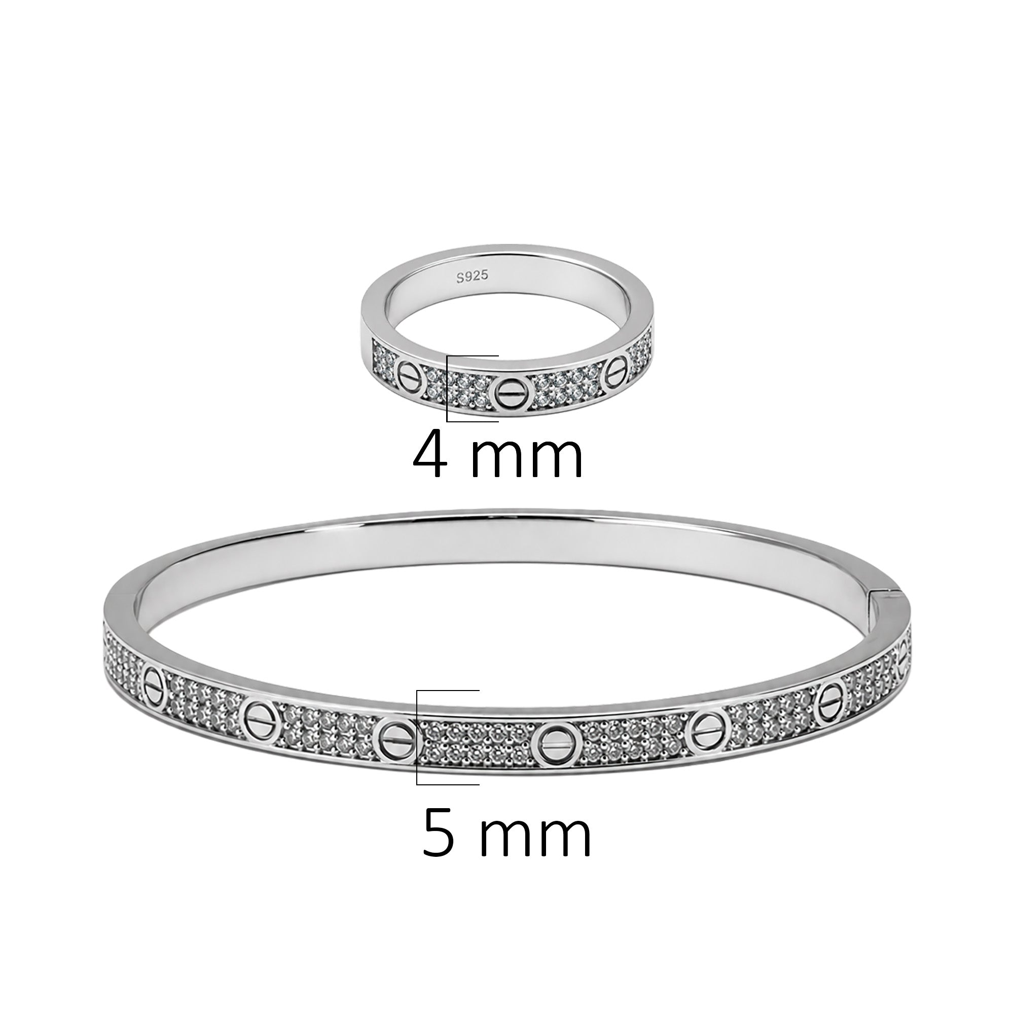Juego Cartier1:1 Brazalete y Anillo Amor con Circonias, Plata .925 con Rodio