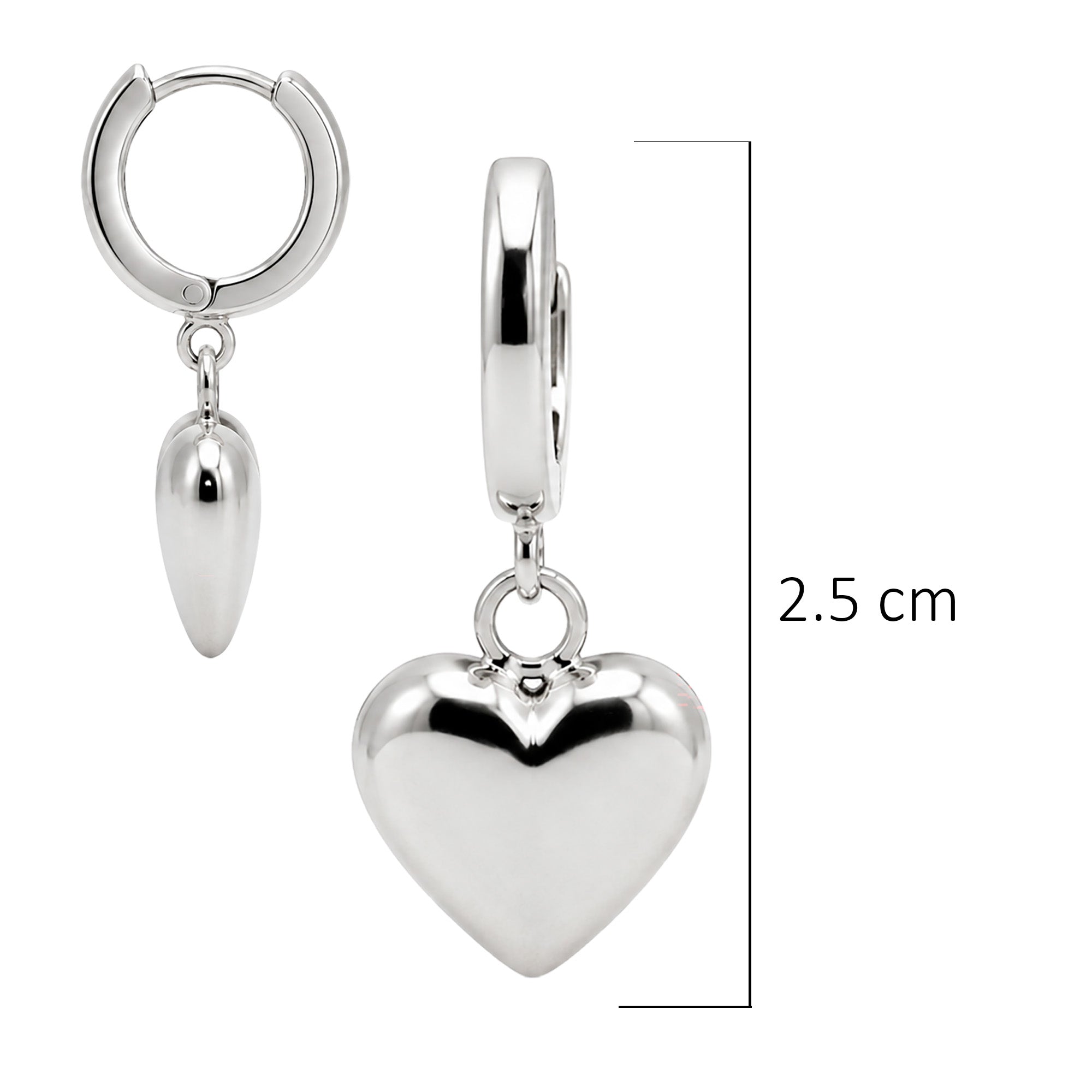 Arracada Huggies Corazones Lisos Latido de Plata, Plata .925 con Baño de Rodio