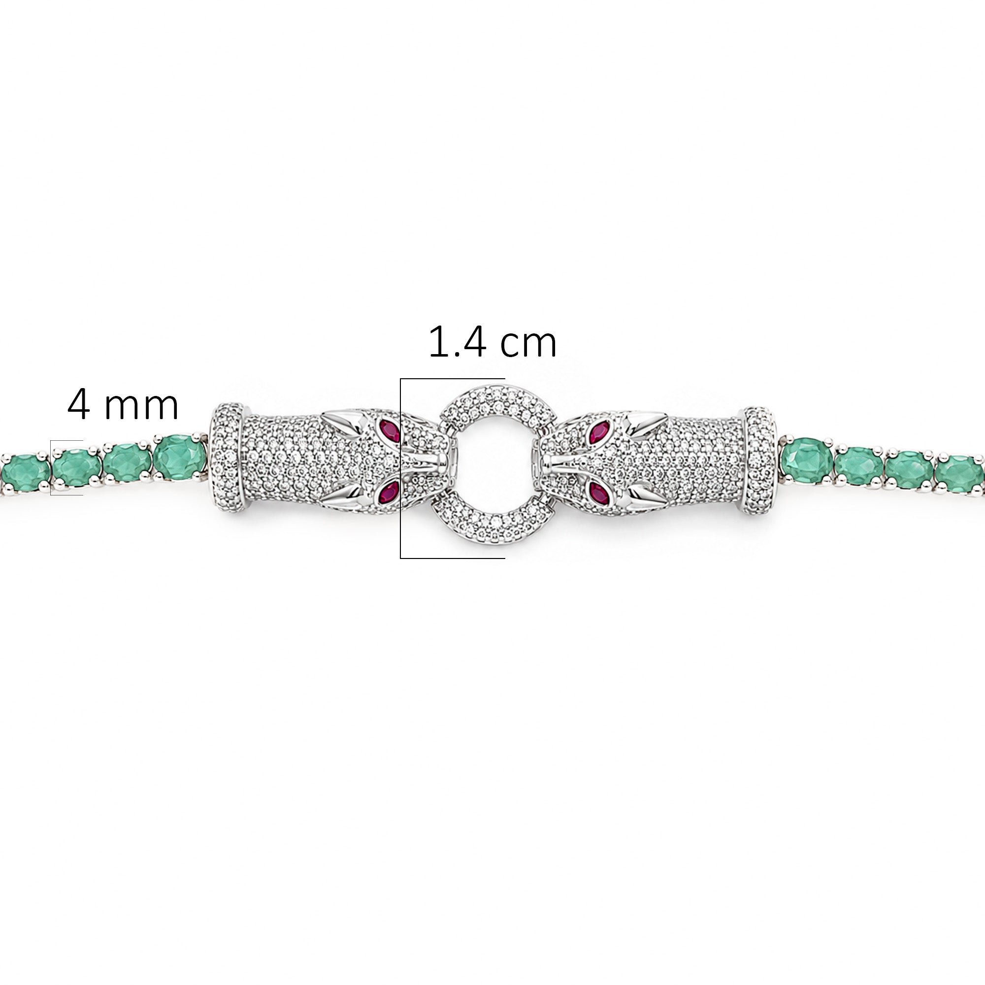 Pulsera Piedras Preciosas Maxi Jaguares Encontrados con Esmeraldas y Circonias con Extensión, 17cm más extensión a 20cm, Plata 925 con Baño de Rodio