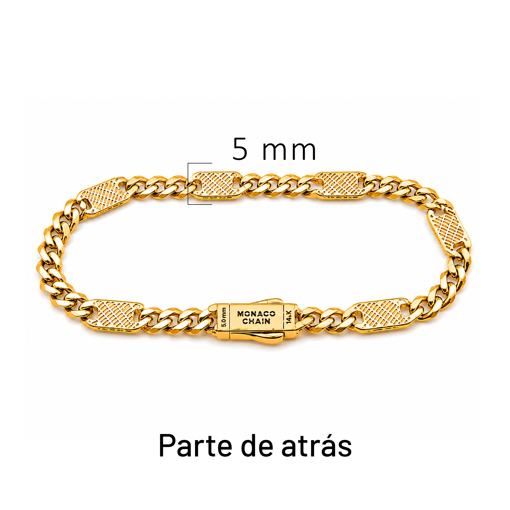 Pulsera Mónaco Chain Original Cubana con Placa Lisa, Broche Circonias 21 cm, 5 mm. Oro 14K