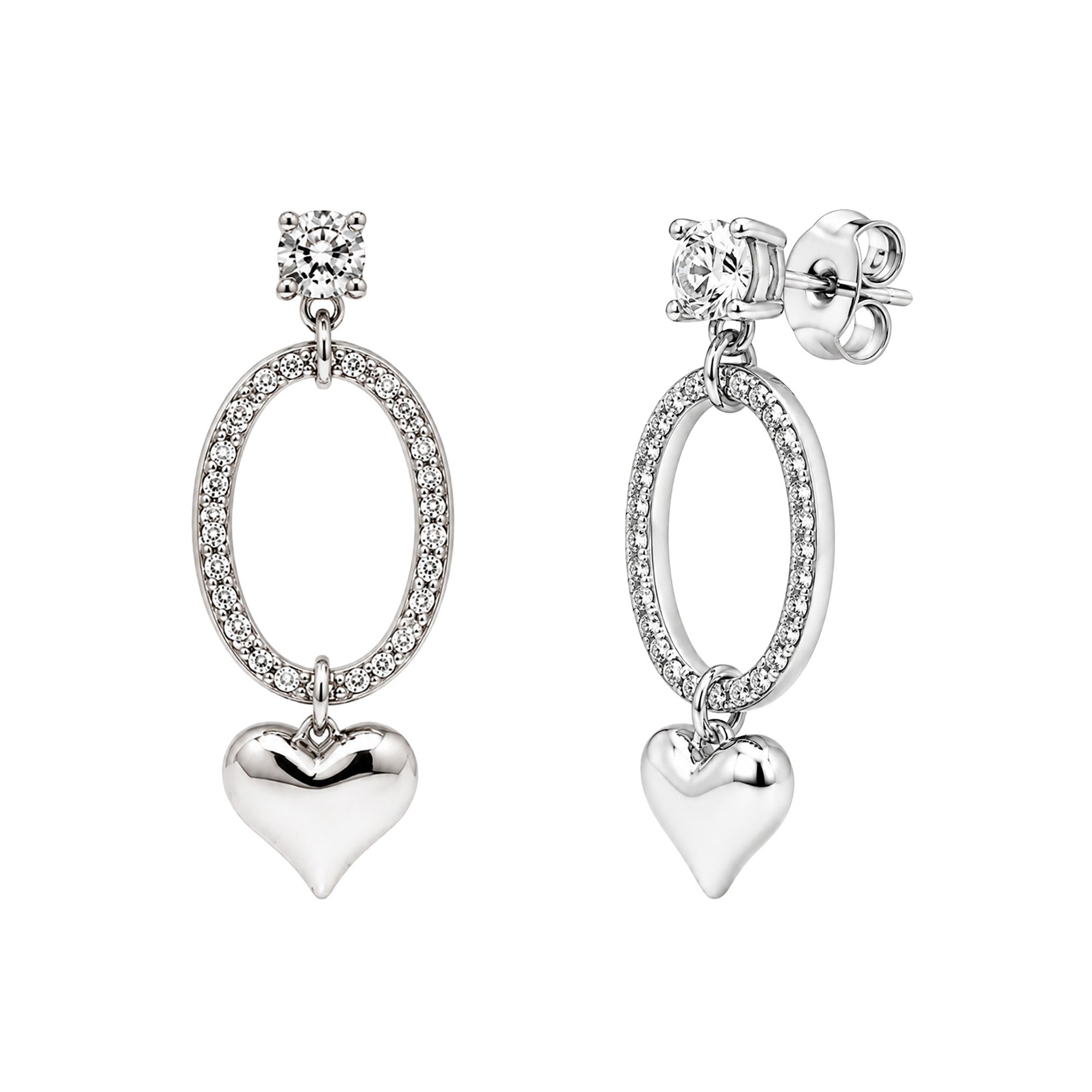 Aretes Corazones Lisos con Circonias Latido de Plata, Plata .925 con Baño de Rodio