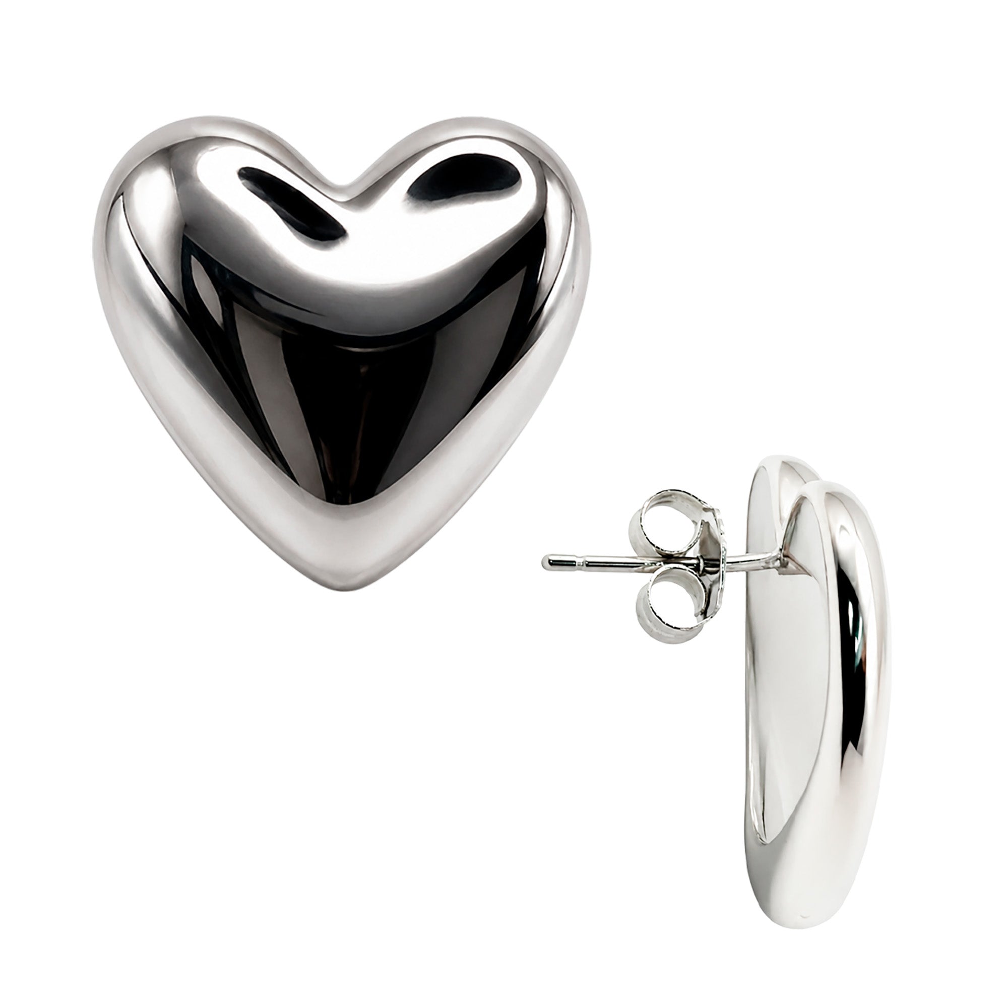 Aretes Maxi Corazones Lisos Latido de Plata, Plata .925 con Baño de Rodio