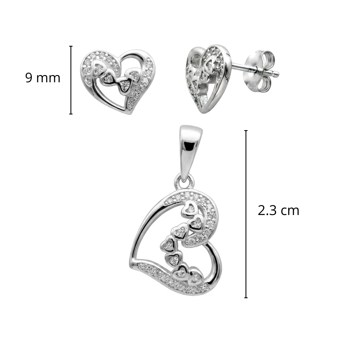 Juego silueta Corazones con Circonias Plata .925 con Rodio