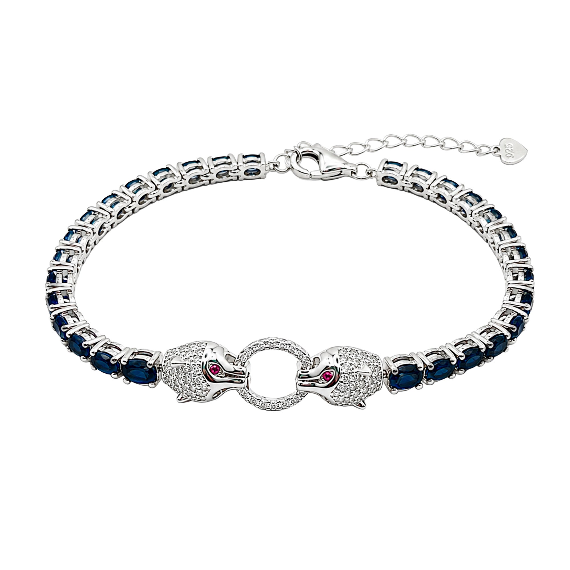 Pulsera Piedra Preciosa Jaguares con Zafiros y Circonias con Extensión, Plata .925 con Baño de Rodio