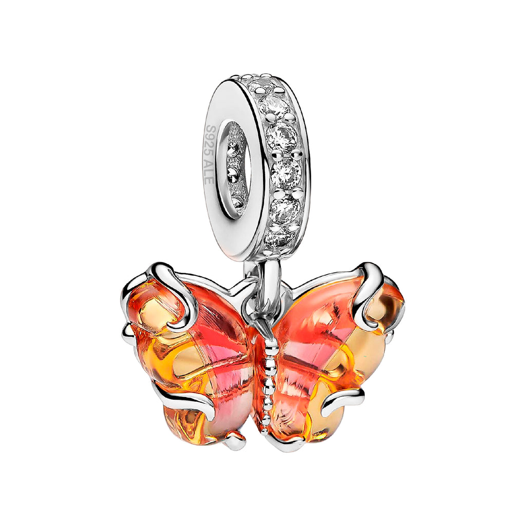 Charm Inspirado Pan 1:1 Mariposa Naranja con Circonias, Plata .925