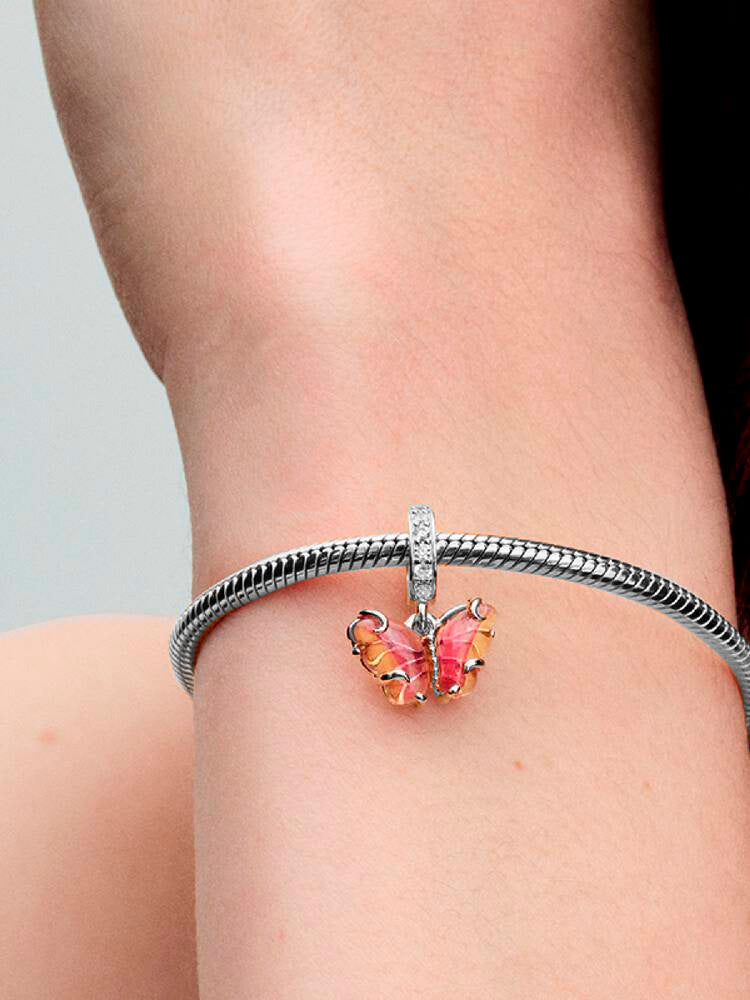 Charm Inspirado Pan 1:1 Mariposa Naranja con Circonias, Plata .925