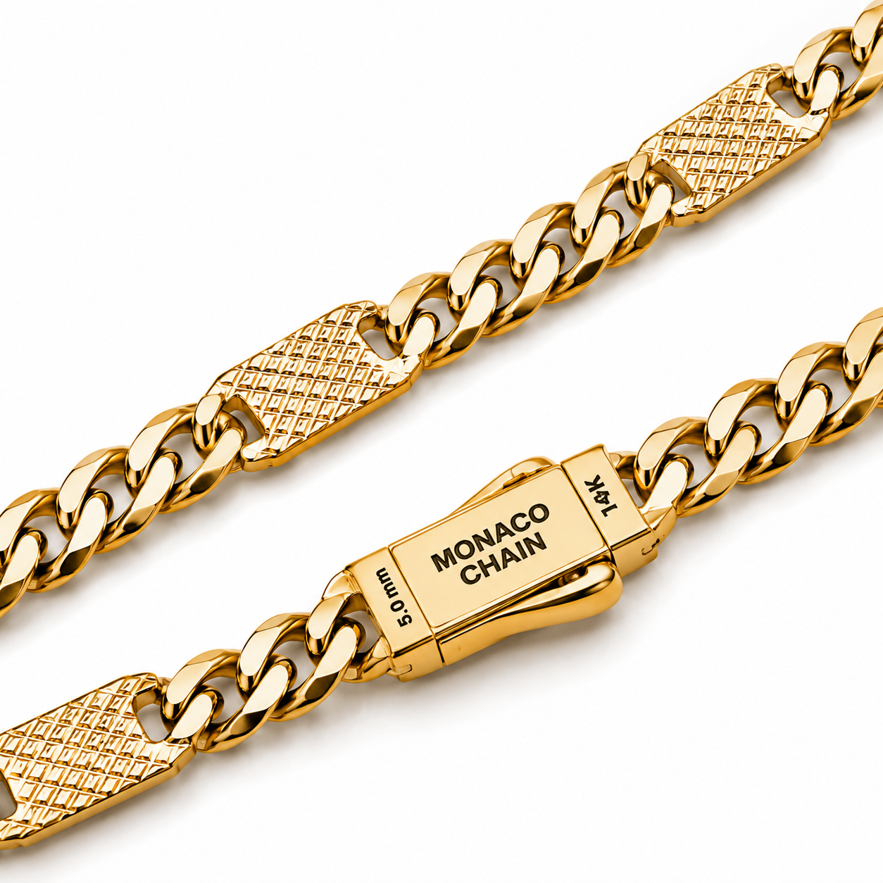 Collar Mónaco Chain Original Cubana con Placa Lisa, Broche Circonias 50 cm, 55 mm. Oro 14K