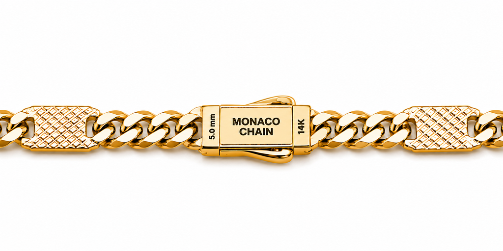Collar Mónaco Chain Original Cubana con Placa Lisa, Broche Circonias 50 cm, 55 mm. Oro 14K