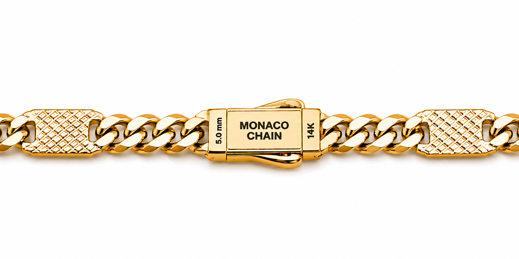 Collar Mónaco Chain Original Cubana con Placa Lisa, Broche Circonias 50 cm, 55 mm. Oro 14K