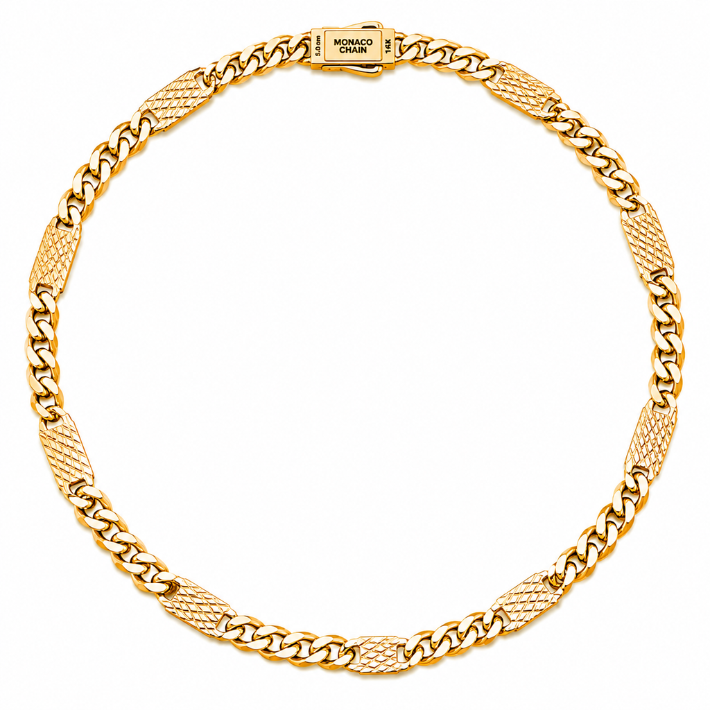 Collar Mónaco Chain Original Cubana con Placa Lisa, Broche Circonias 50 cm, 55 mm. Oro 14K