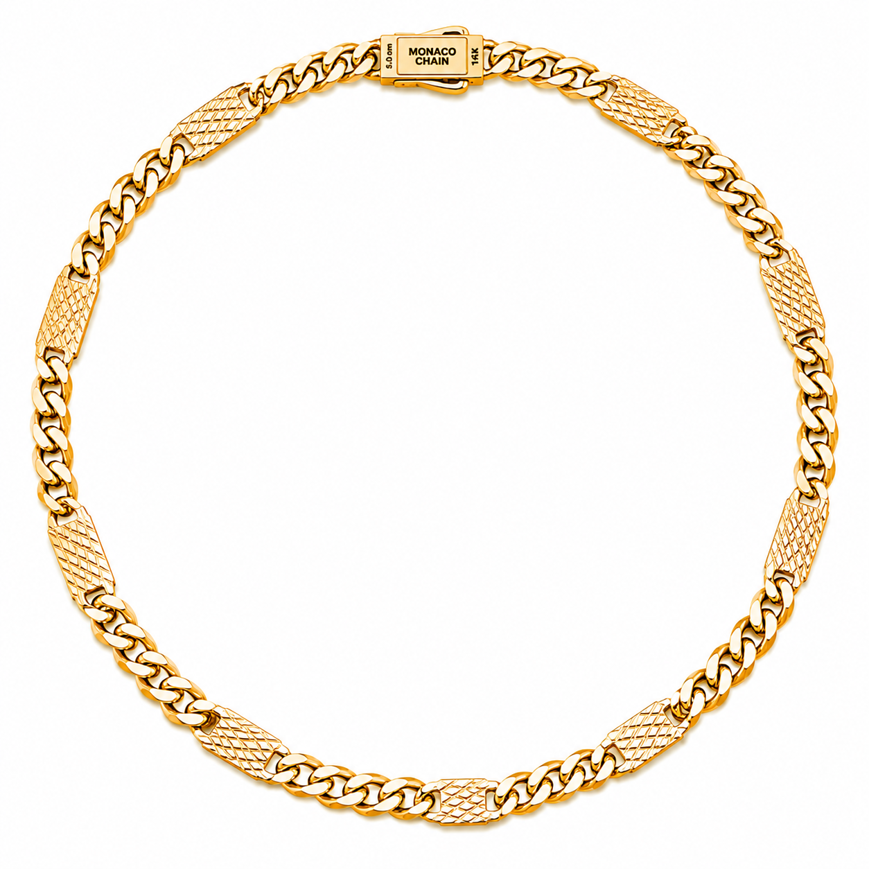 Collar Mónaco Chain Original Cubana con Placa Lisa, Broche Circonias 50 cm, 55 mm. Oro 14K