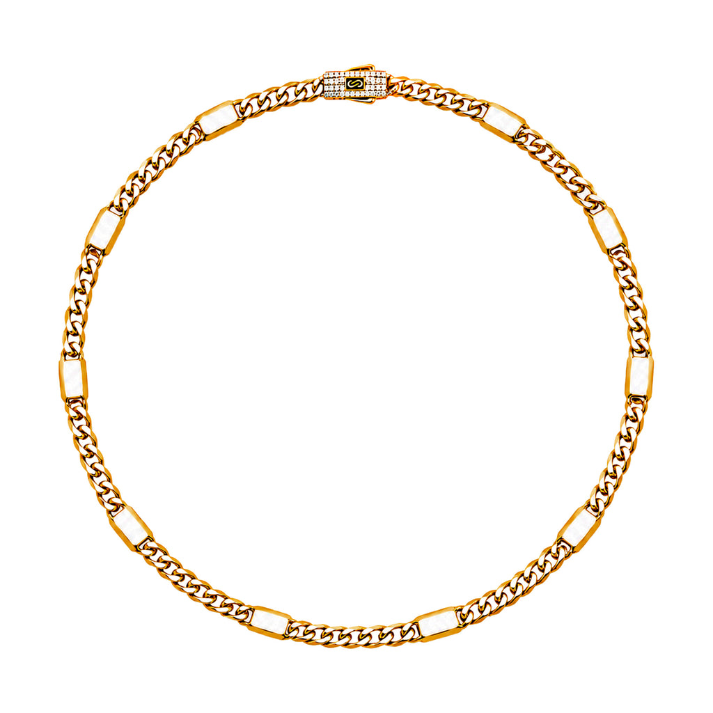 Collar Mónaco Chain Original Cubana con Placa Lisa, Broche Circonias 50 cm, 55 mm. Oro 14K