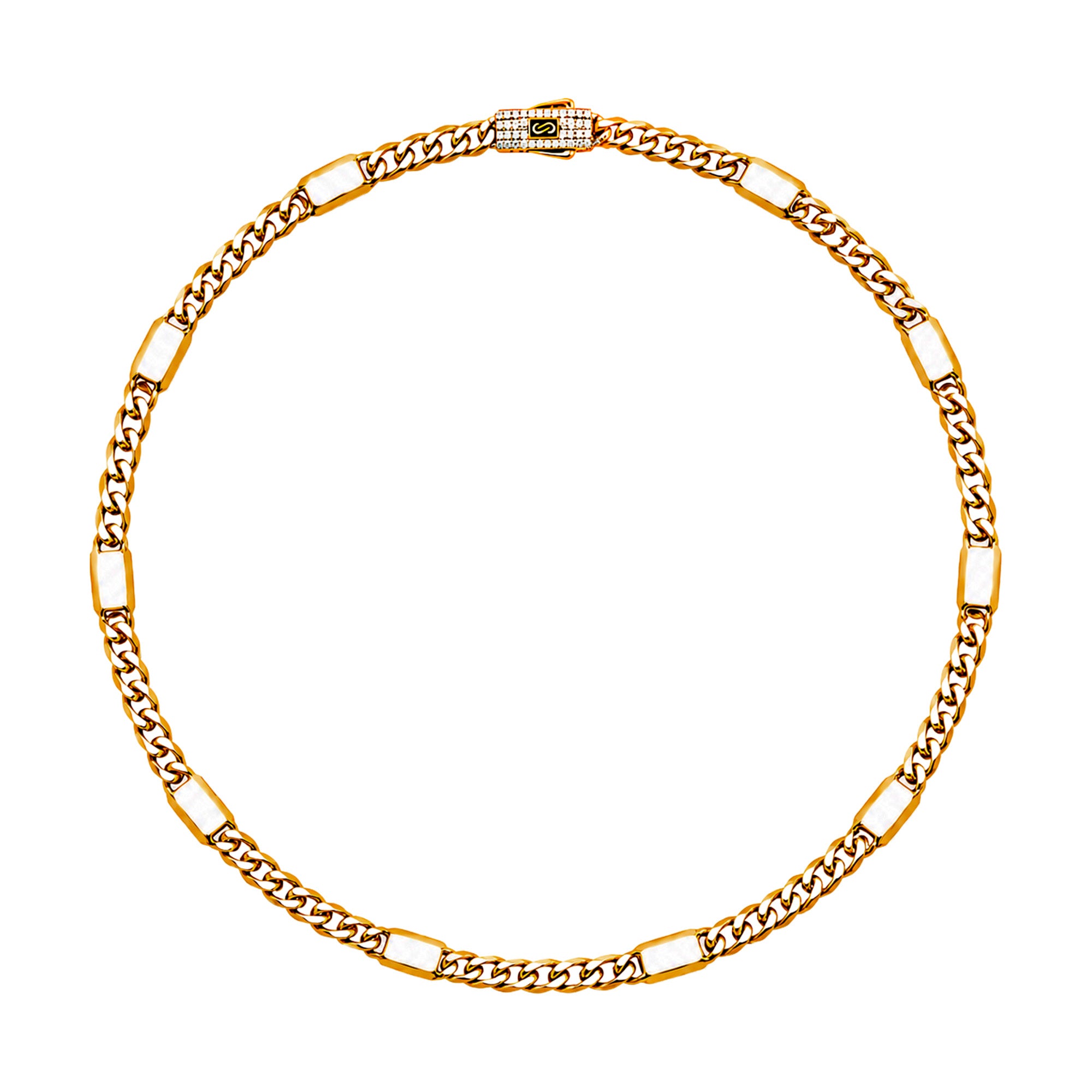 Collar Mónaco Chain Original Cubana con Placa Lisa, Broche Circonias 50 cm, 55 mm. Oro 14K
