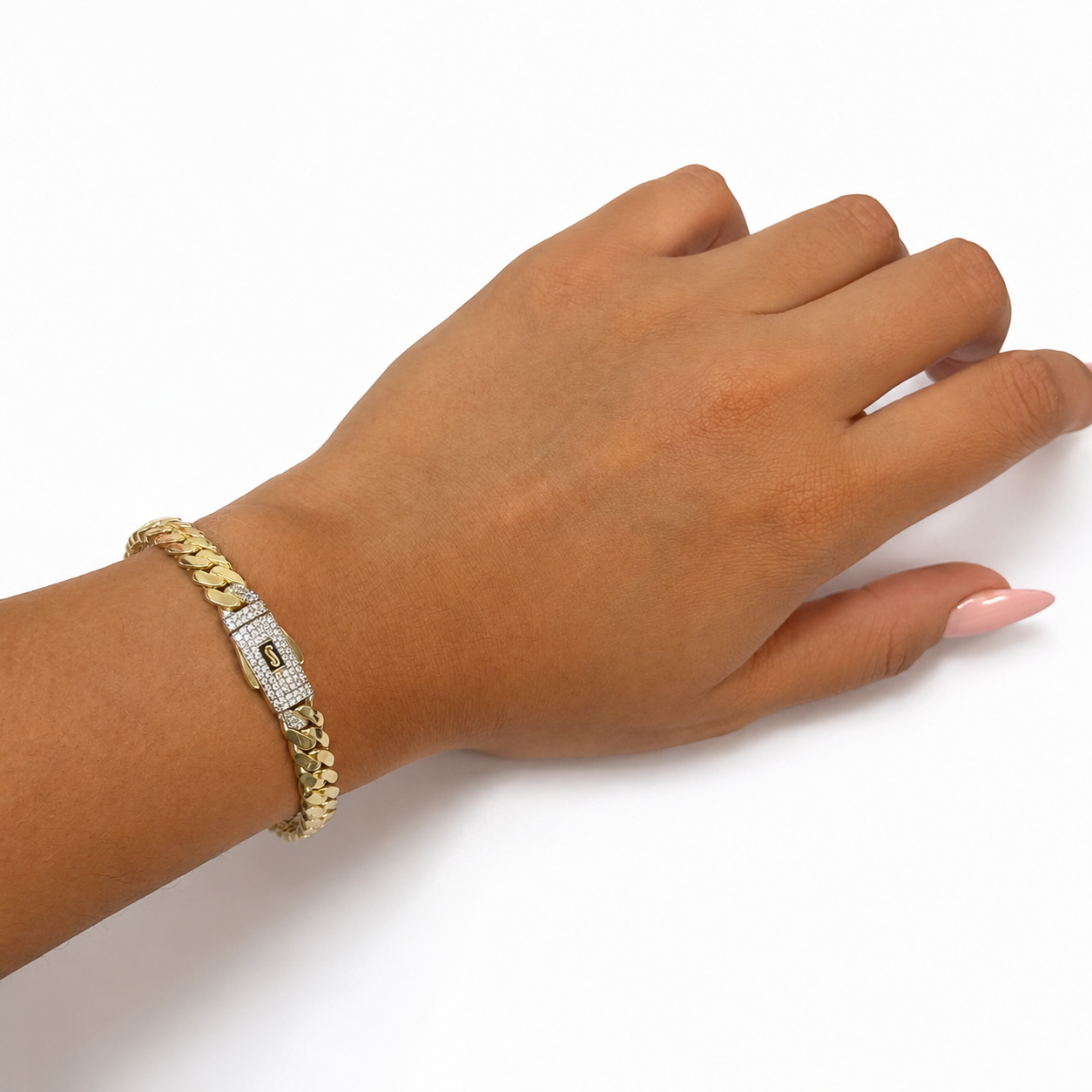 Brazalete Mónaco Chain Original Cadena Cubana 5.5mm, Broche con Circonias. Oro 14K