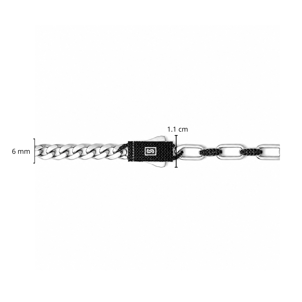 Pulso Inspirado Mónaco Macizo 5mm-6mm Mitad Cubano y Mitad Eslabón con Circonias Negras, Plata .925 con Baño de Rodio