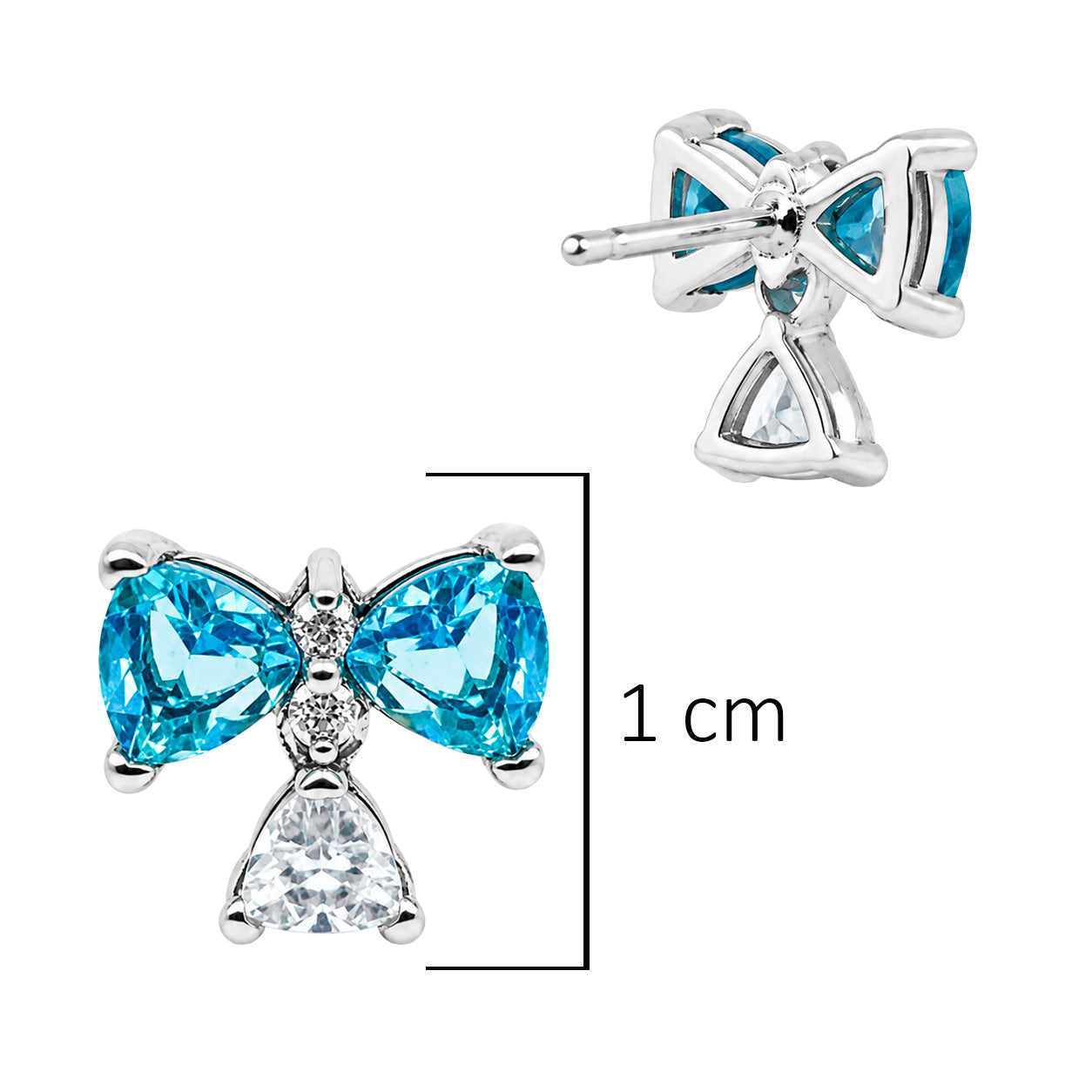 Arete Broquel Pan 1:1 Bridgerton Moño Circonia Azul con Circonia Colgante, Plata .925 con Baño de Rodio