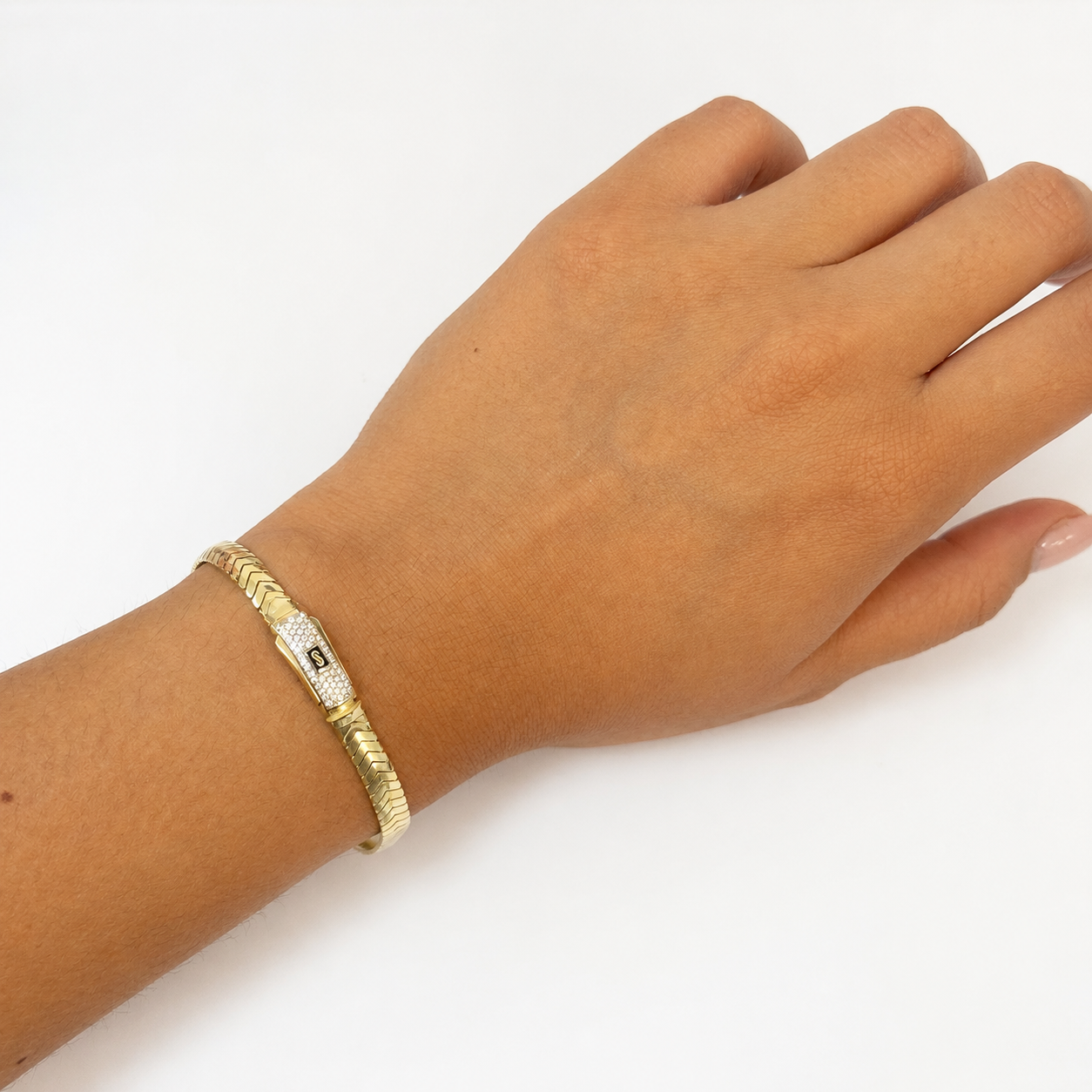 Pulsera Mónaco Chain Original Panza de Víbora Espiga 21 cm 5mm de grosor. Broche con Circonias, Oro 14k