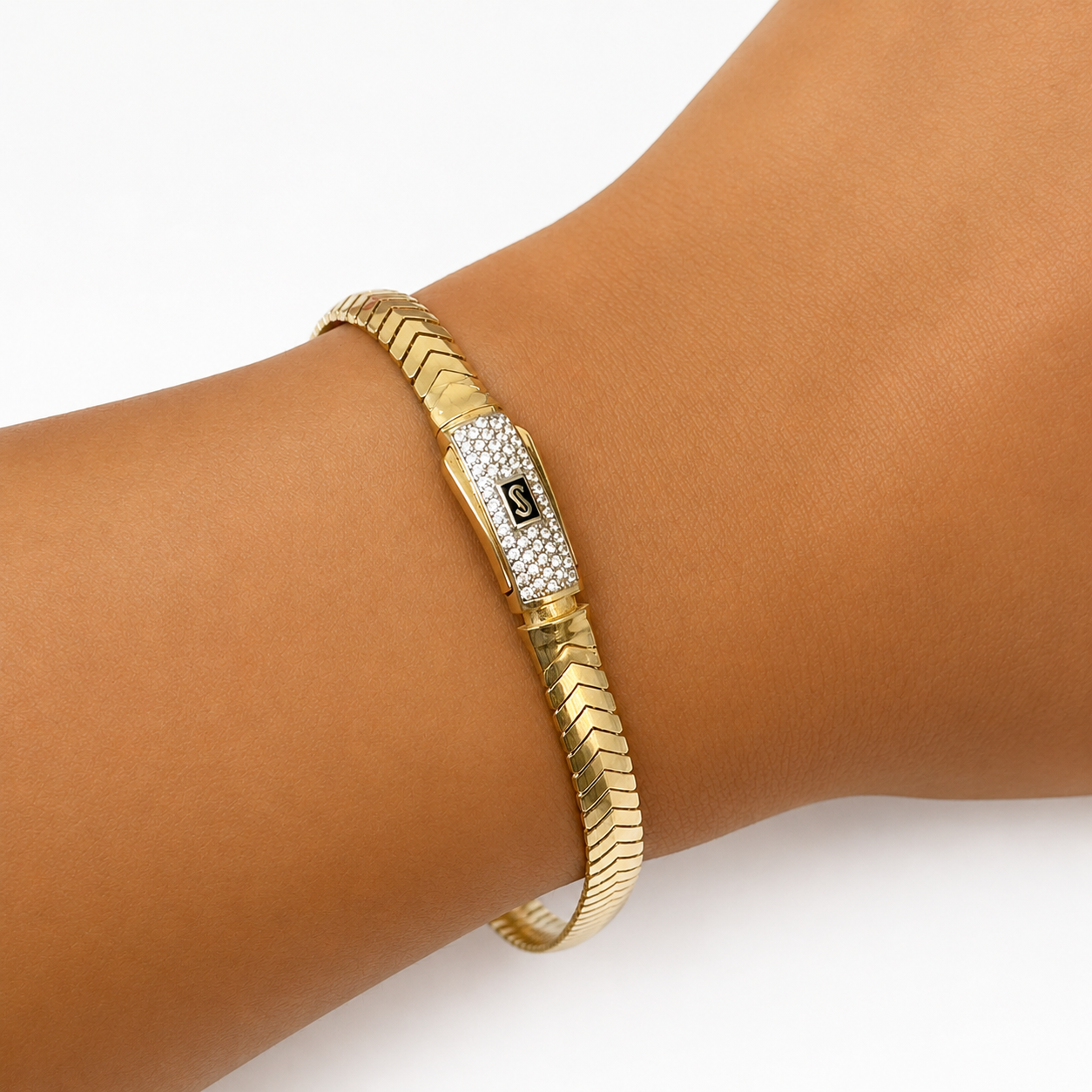 Pulsera Mónaco Chain Original Panza de Víbora Espiga 21 cm 5mm de grosor. Broche con Circonias, Oro 14k