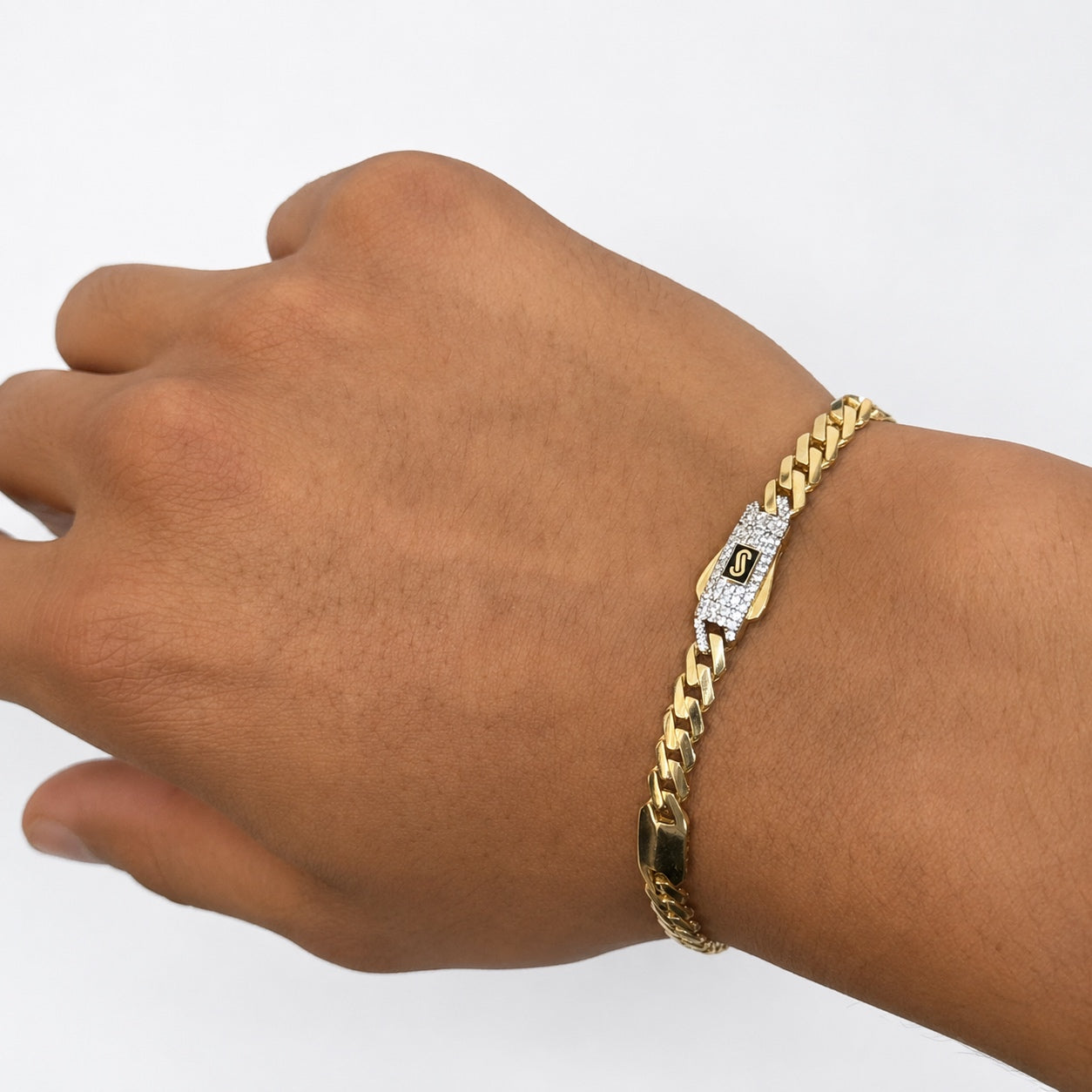 Pulsera Mónaco Chain Original Cubana con Placa Lisa, Broche Circonias 21 cm, 5 mm. Oro 14K