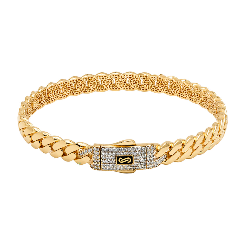 Brazalete Mónaco Chain Original Cadena Cubana 5.5mm, Broche con Circonias. Oro 14K