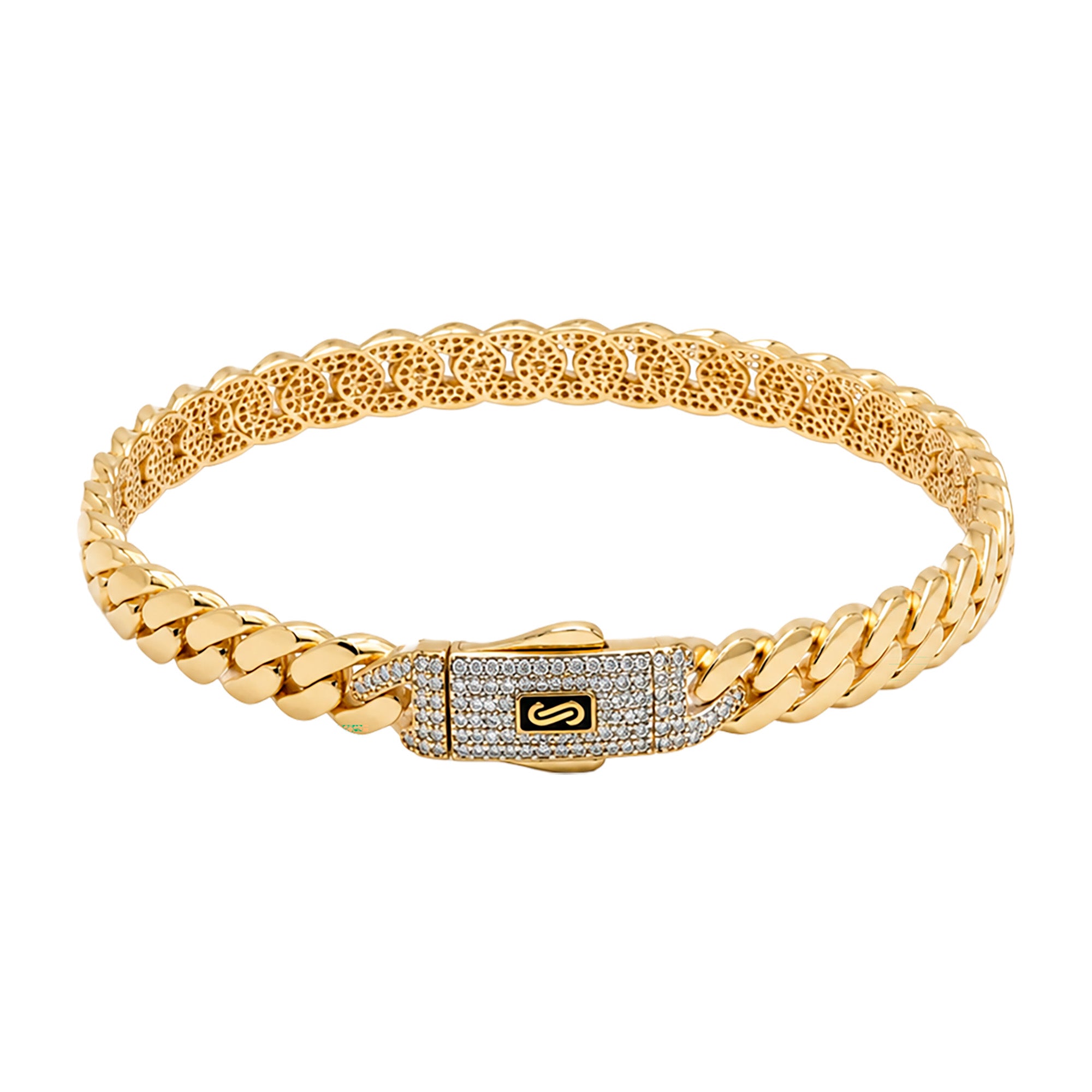 Brazalete Mónaco Chain Original Cadena Cubana 5.5mm, Broche con Circonias. Oro 14K