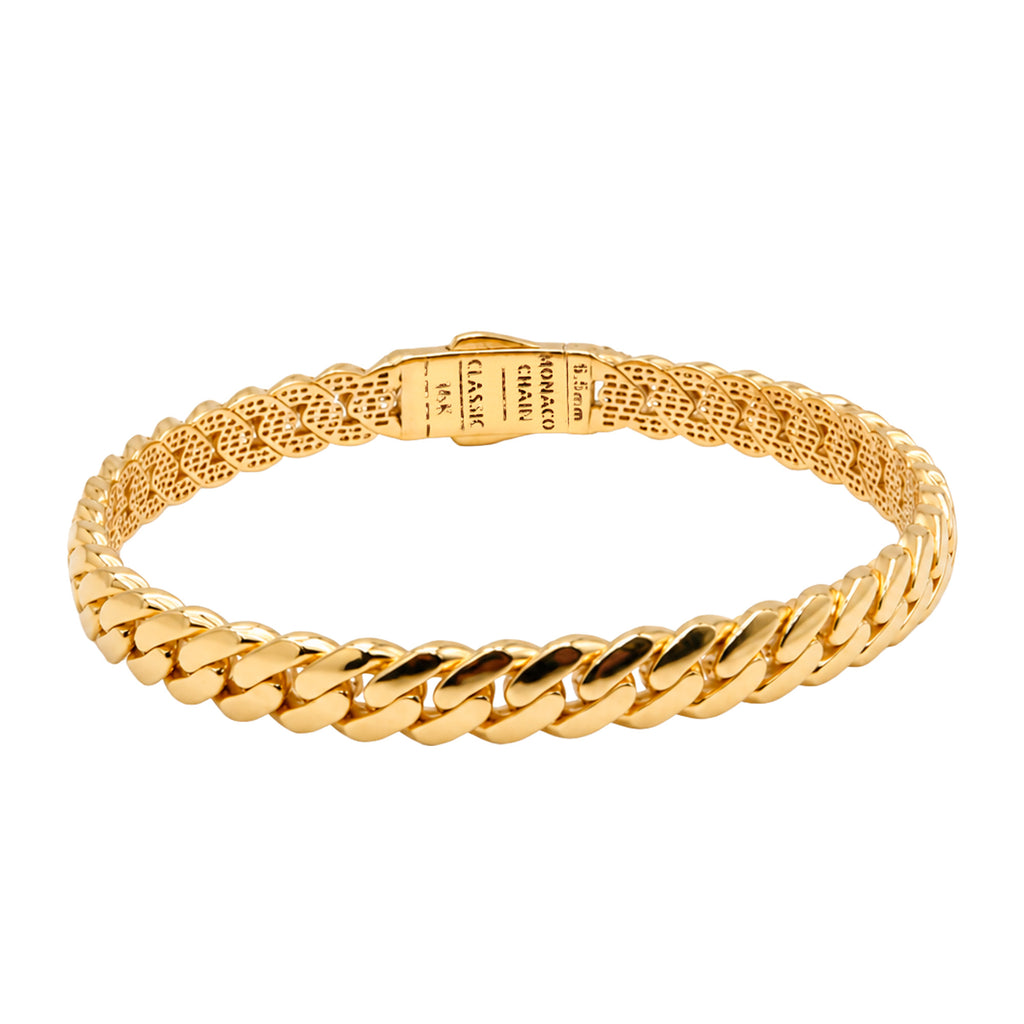 Brazalete Mónaco Chain Original Cadena Cubana 5.5mm, Broche con Circonias. Oro 14K