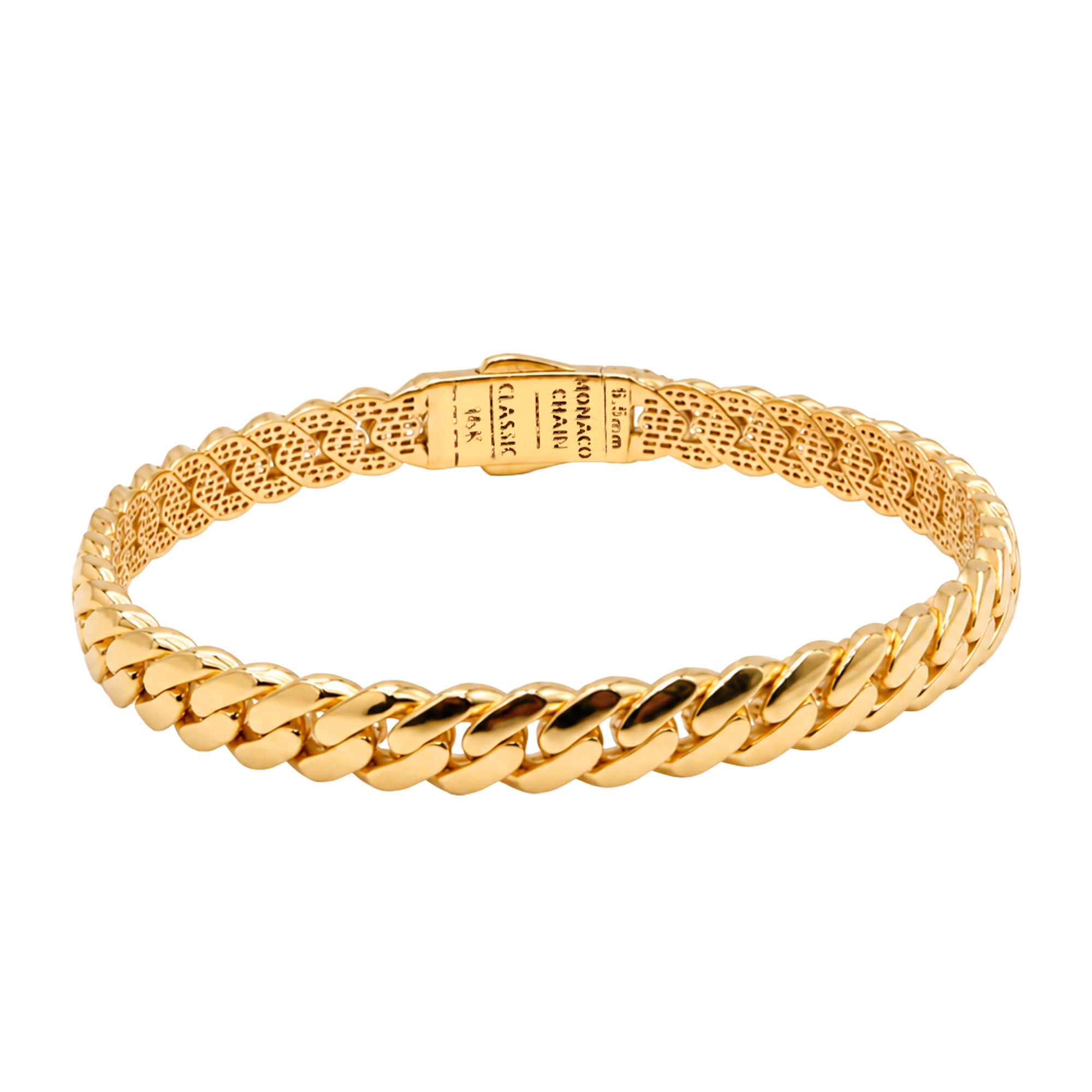 Brazalete Mónaco Chain Original Cadena Cubana 5.5mm, Broche con Circonias. Oro 14K