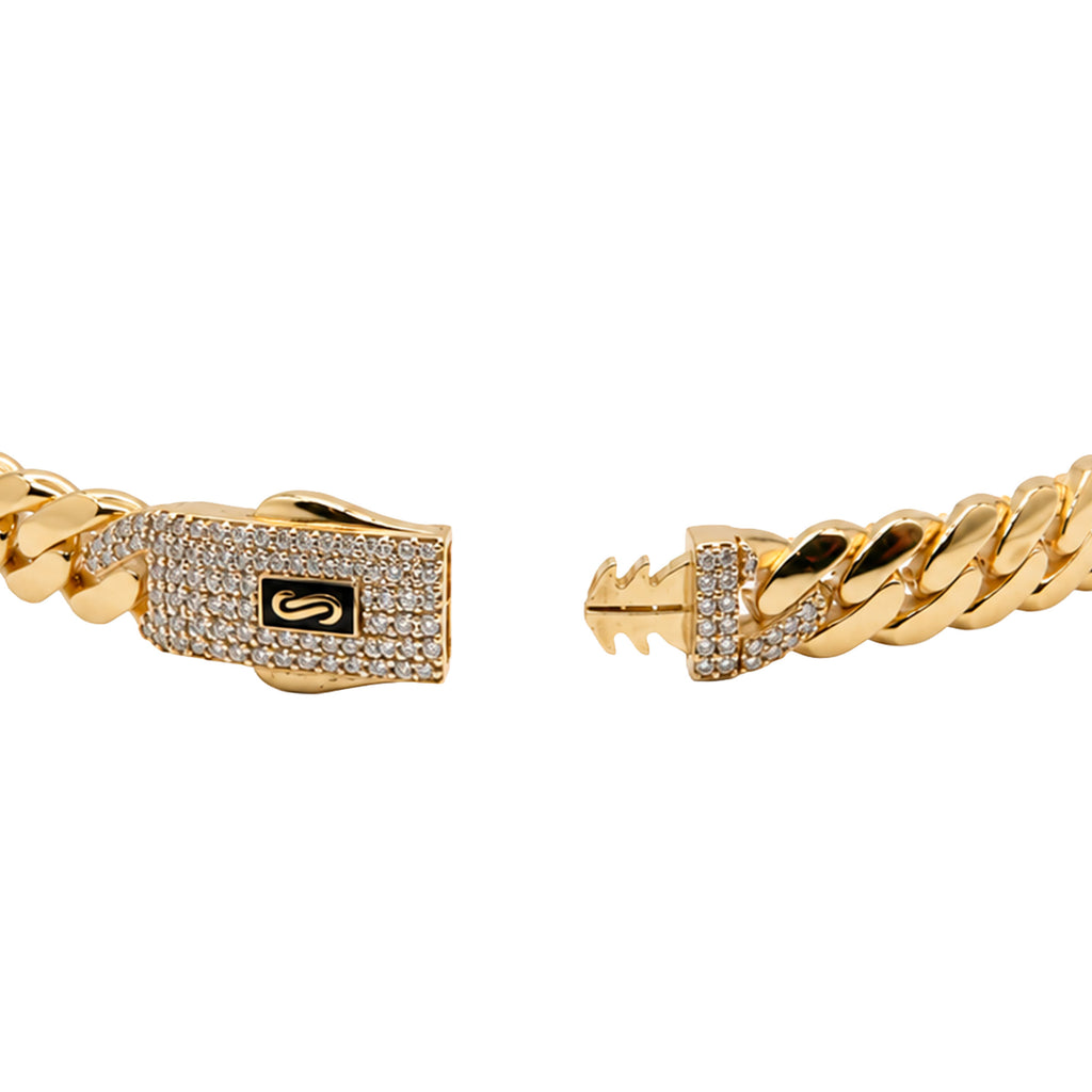 Brazalete Mónaco Chain Original Cadena Cubana 5.5mm, Broche con Circonias. Oro 14K