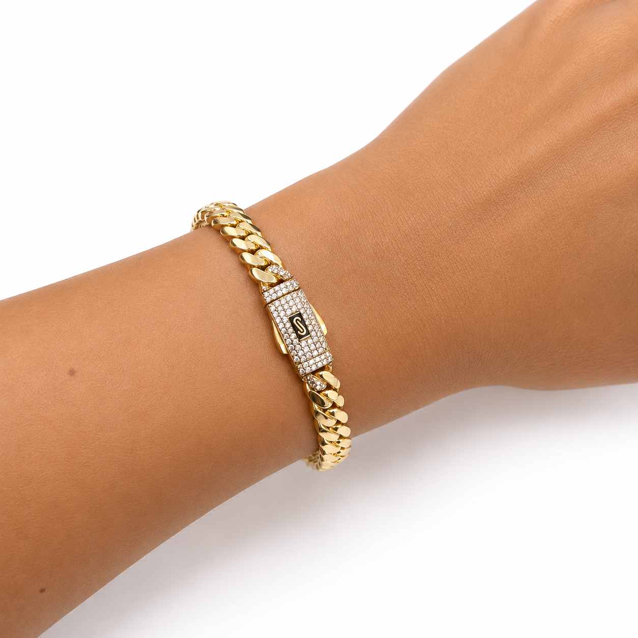 Brazalete Mónaco Chain Original Cadena Cubana 5.5mm, Broche con Circonias. Oro 14K