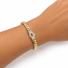 Brazalete Mónaco Chain Original Cadena Cubana 5.5mm, Broche con Circonias. Oro 14K
