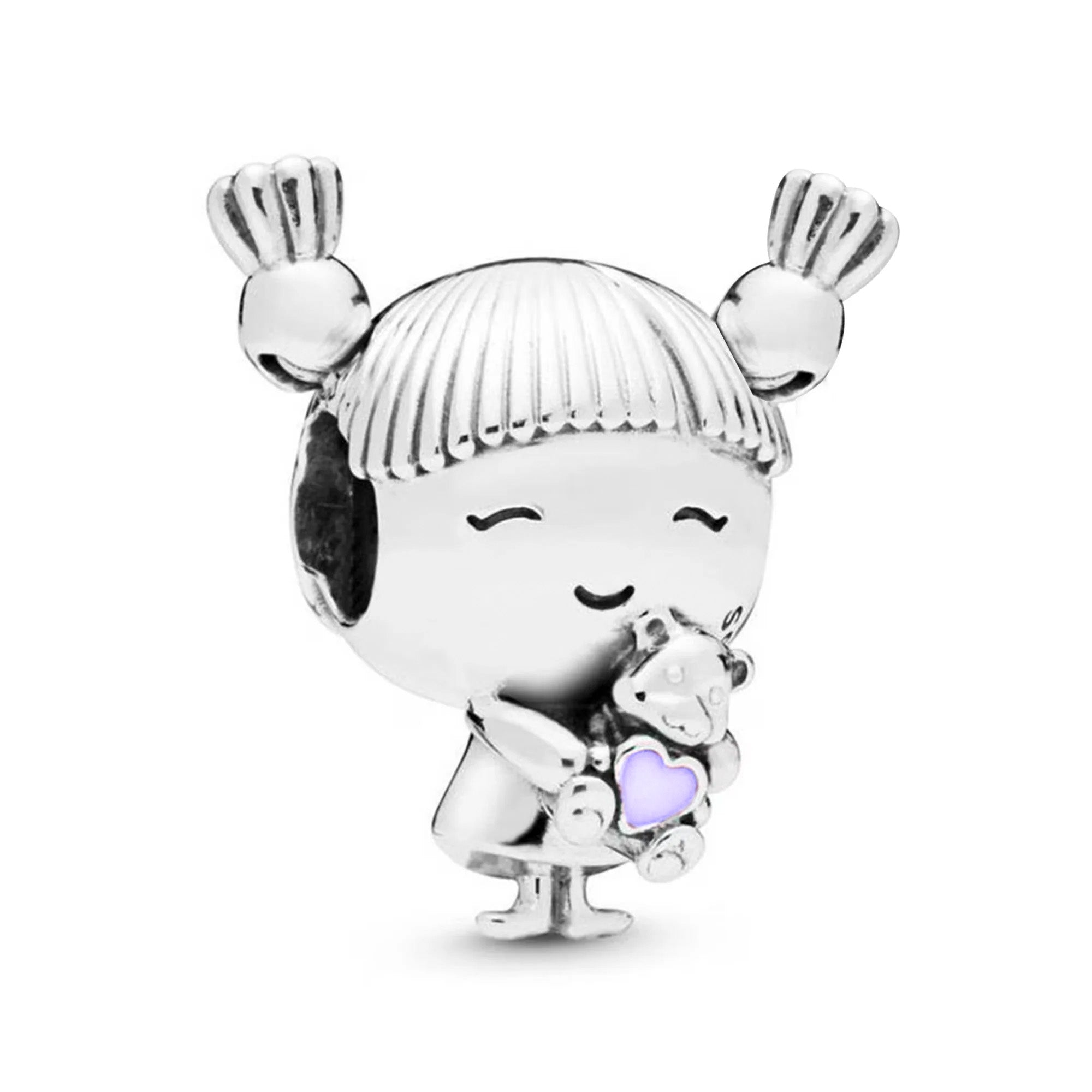Charm Inspirado Pan 1:1 Niña con Colitas Corazón Morado Plata .925