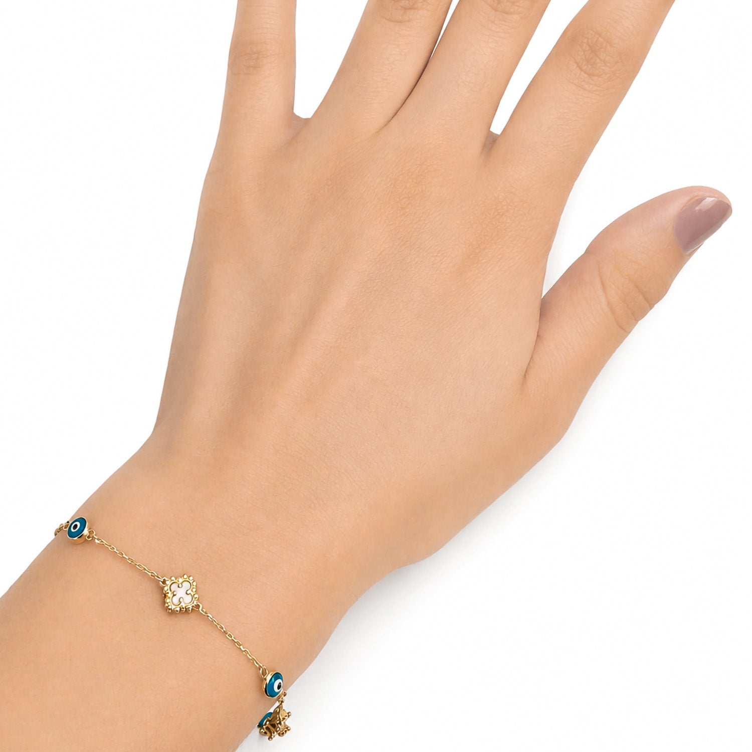 Pulsera Flor Inspirada Van C Madre Perla con Ojo Turco Azul Oro 10K