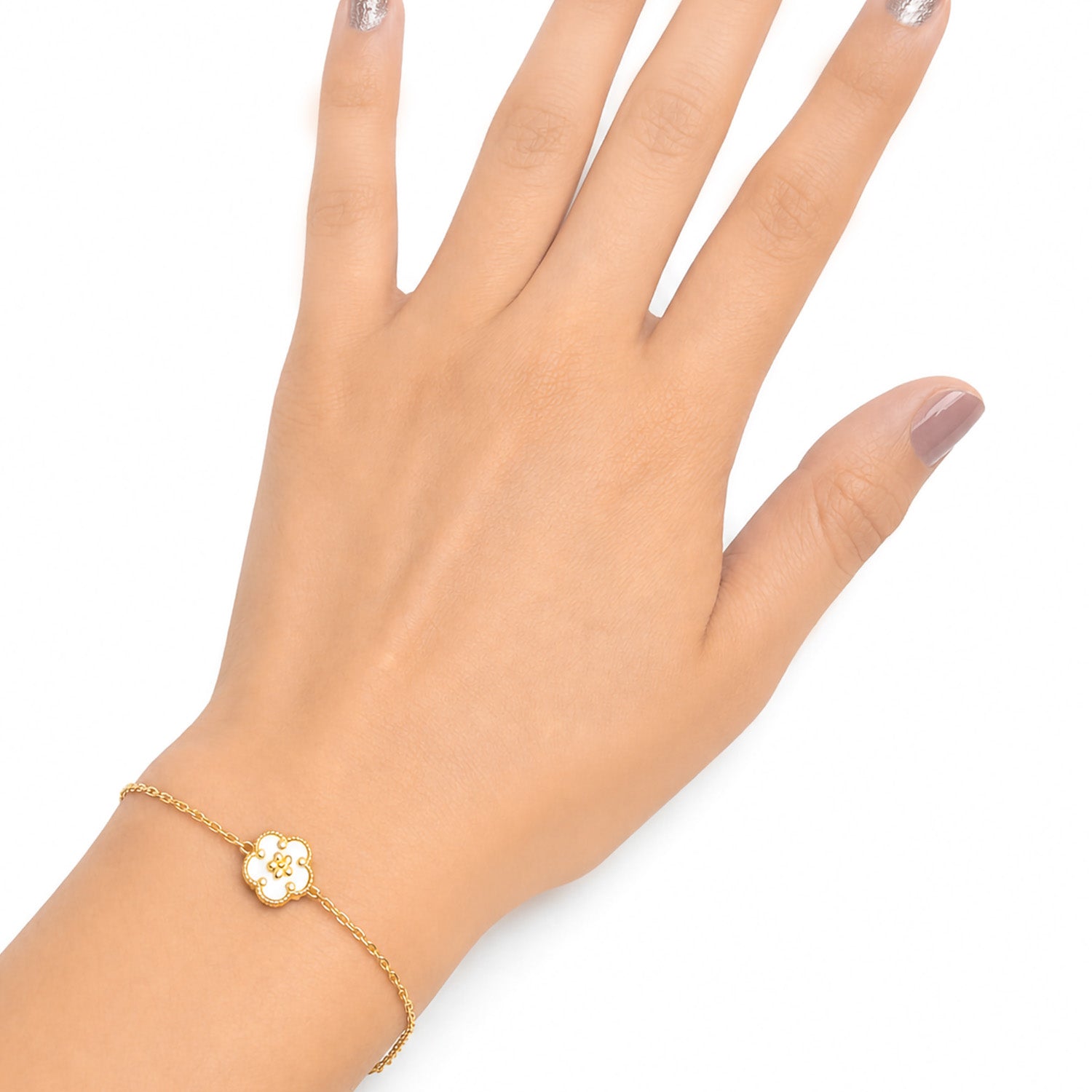 Pulsera Inspirada Van C Flor Madre Perla Oro 10K