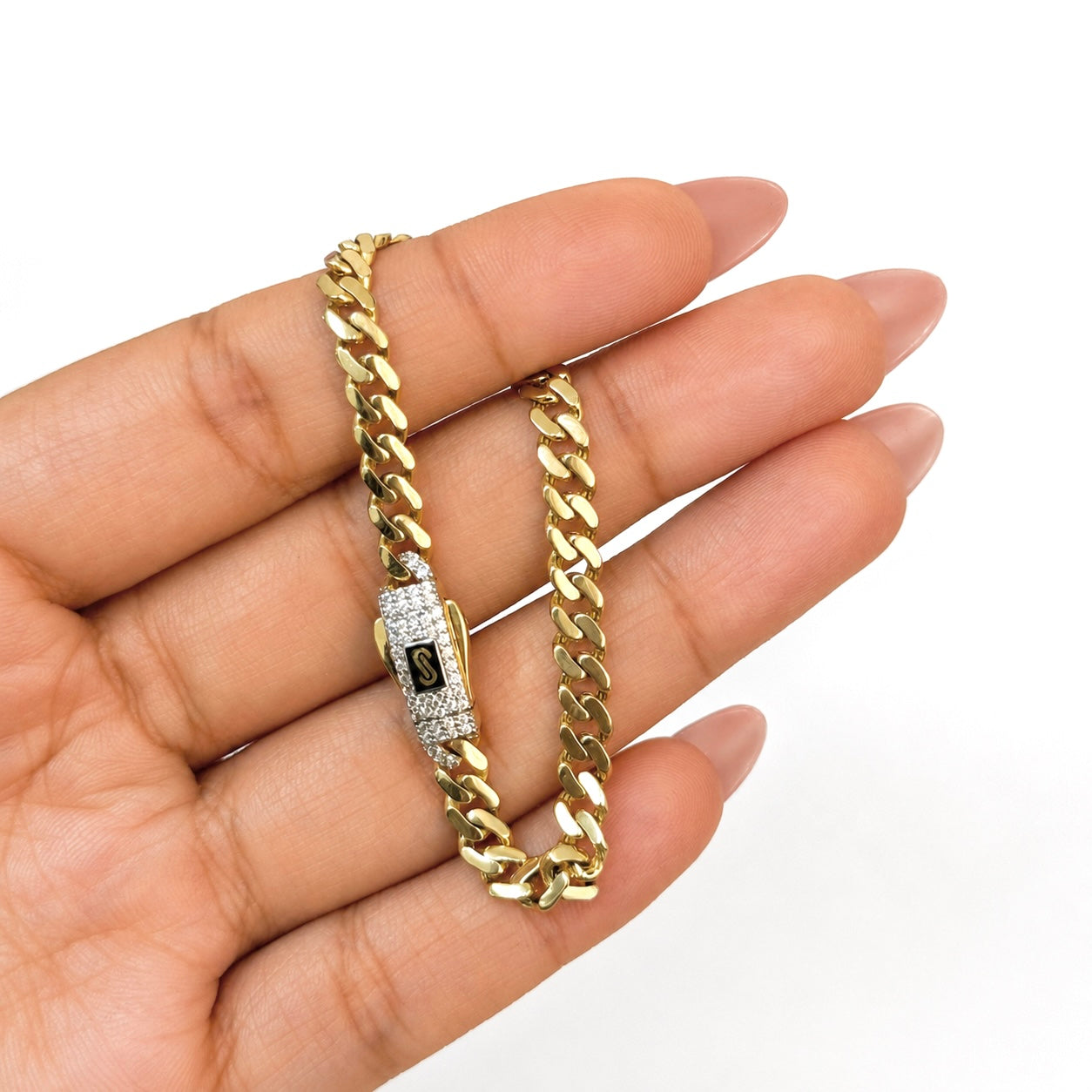 Pulsera Mónaco Chain Original Cubana Lisa 5mm 20 cm. Broche Circonias Oro 14K