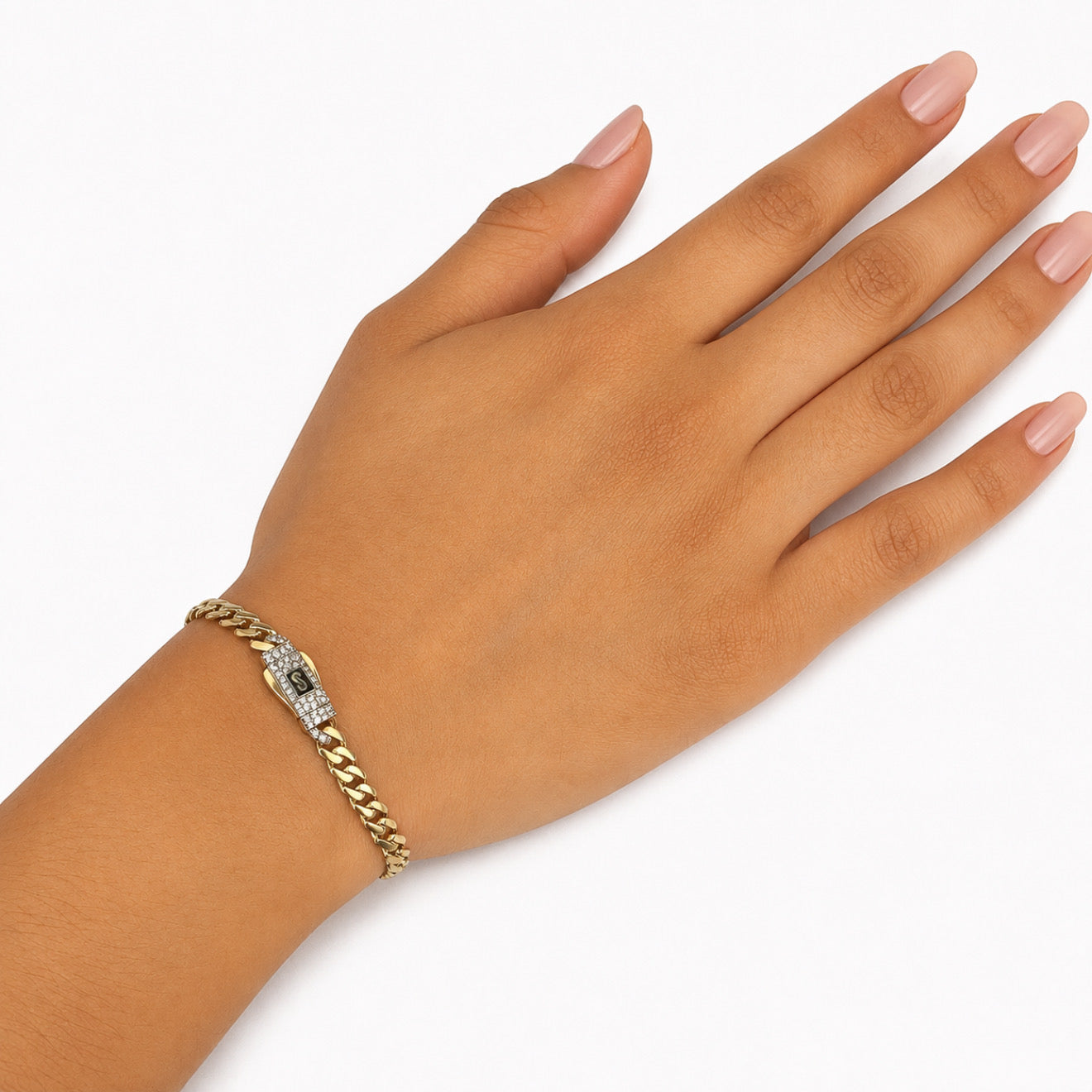 Pulsera Mónaco Chain Original Cubana Lisa 5mm 21 cm. Broche Circonias Oro 14K