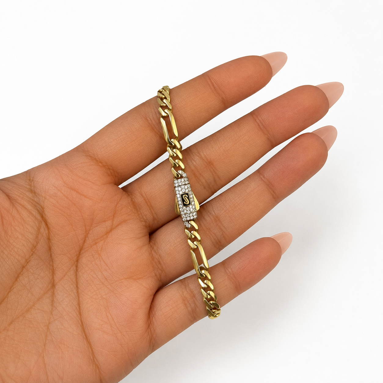 Pulsera Mónaco Chain Original Cubano con Eslabón Largo Liso, tipo Cartier 5mm, 18 cm. Broche Circonias. Oro 14k