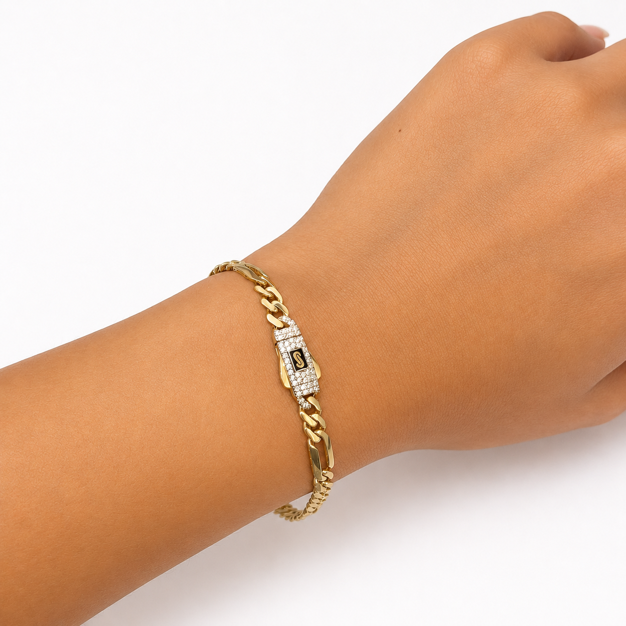 Pulsera Mónaco Chain Original Cubano con Eslabón Largo Liso, tipo Cartier 5mm, 18 cm. Broche Circonias. Oro 14k