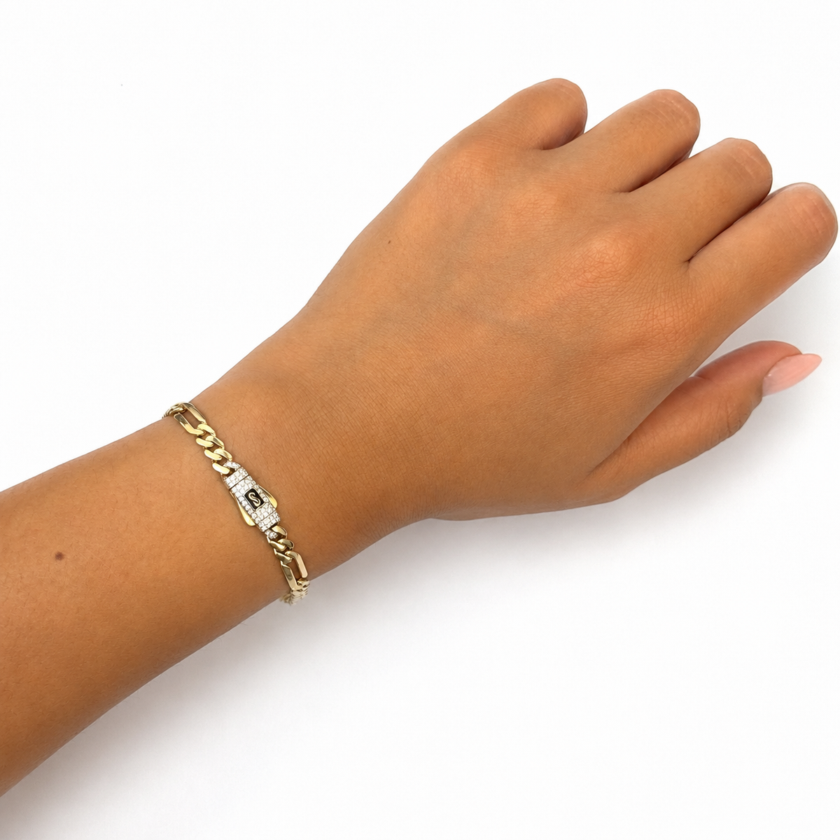 Pulsera Mónaco Chain Original Cubano con Eslabón Largo Liso, tipo Cartier 5mm, 18 cm. Broche Circonias. Oro 14k