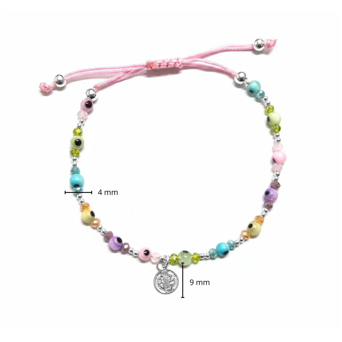 Pulsera Ajustable de Hilo con Ojo Turco de Colores, Cristales y Dije de San Benito Plata .925