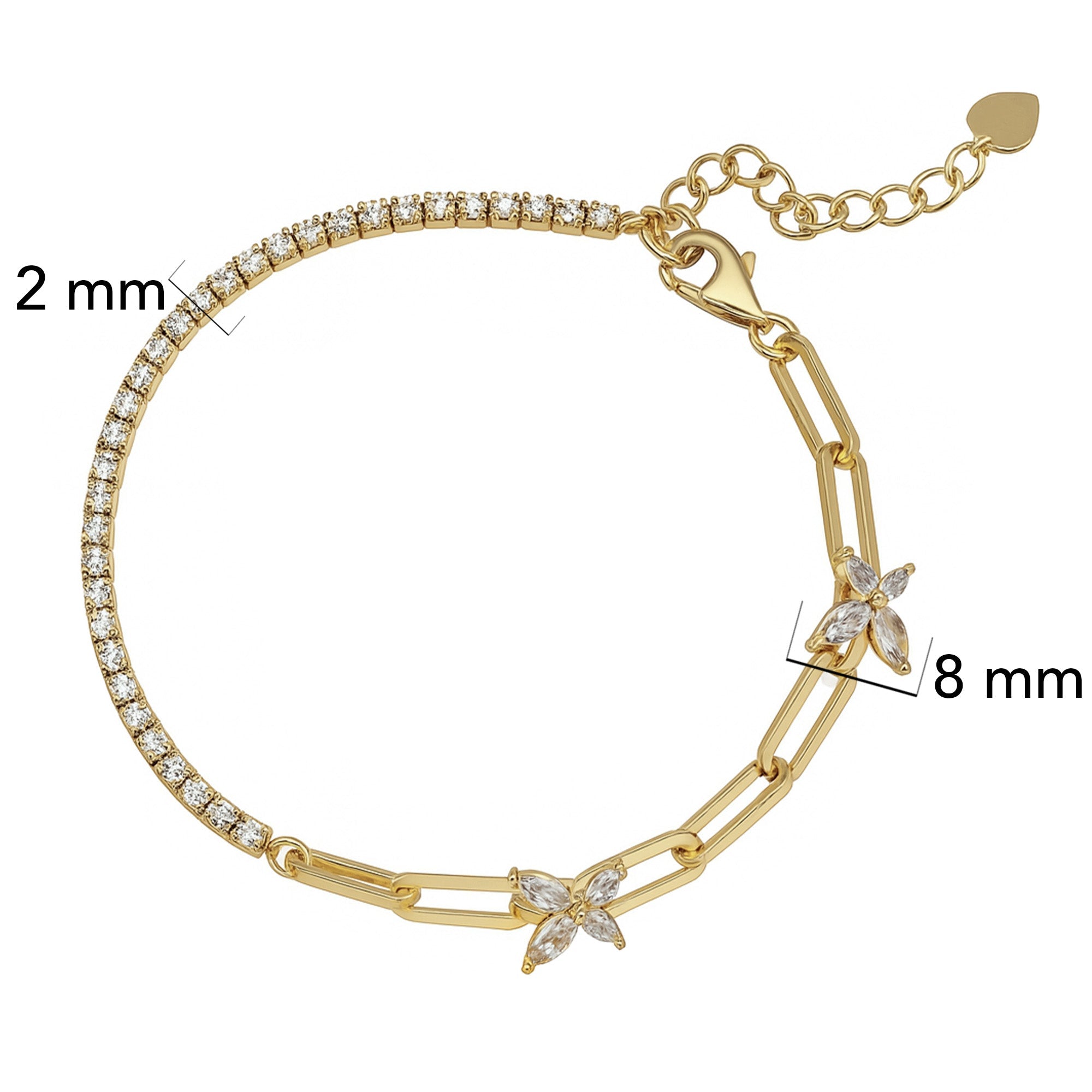 Pulsera con Circonias y Cadena Paper Clip con Mariposa de Circonias Plata .925 con Baño de Oro 18k