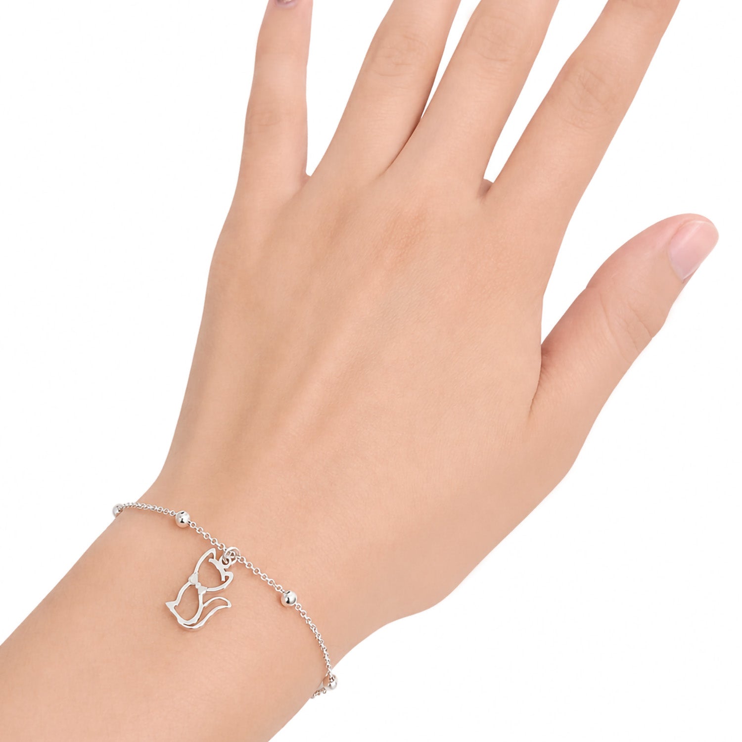 Pulsera con Dije Silueta de Gato y Bolitas Lisas Plata .925