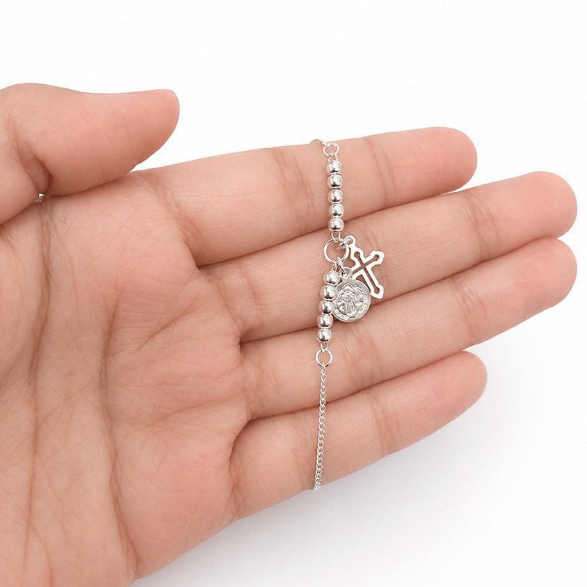 Pulsera Ajustable con Dije de San Benito con Silueta de Cruz Plata .925
